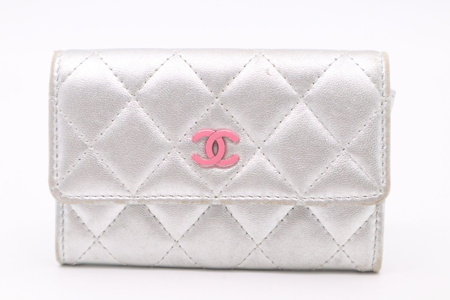 Chanel Card MatelassÃ© Silver Leather Wallet Case