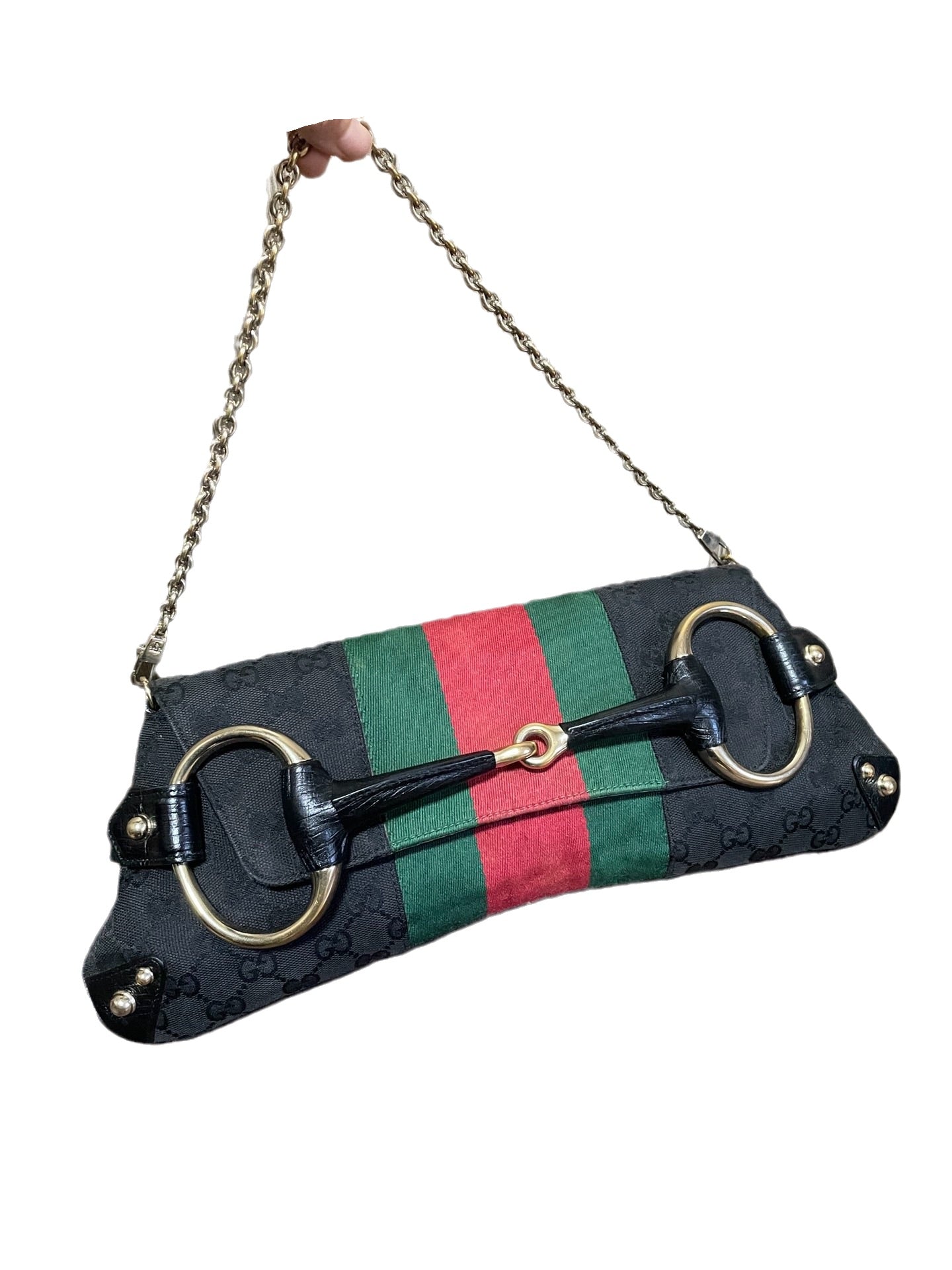 Gucci Horsebit Cloth Monogram Black Large Shoulder Bag