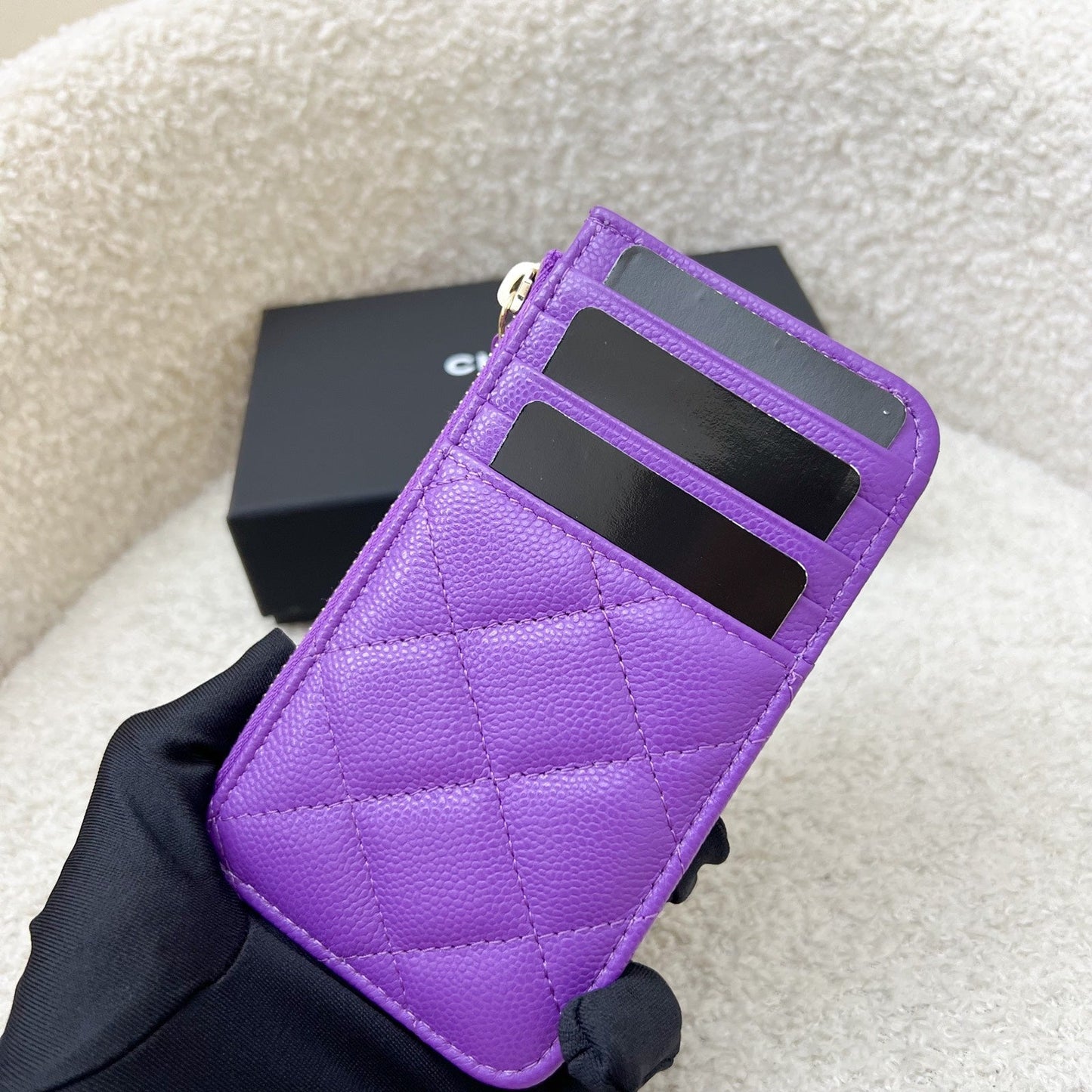 Chanel Snap Card Holder with Zipped Coin Compartment in 24A Purple Caviar and Lghw Handbag
