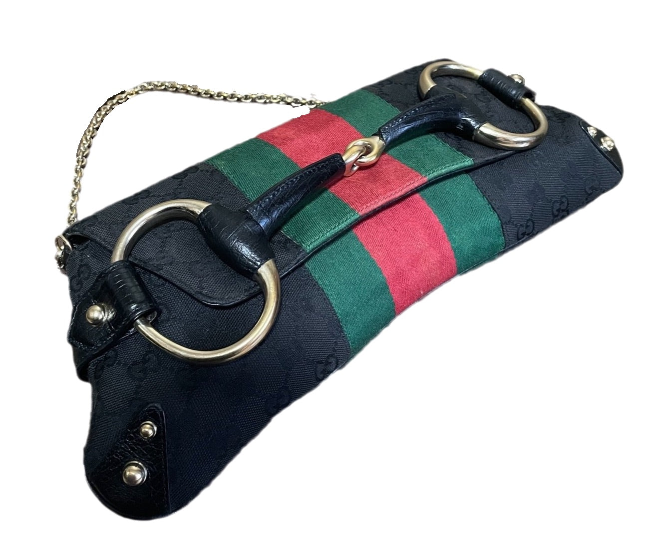 Gucci Horsebit Cloth Monogram Black Large Shoulder Bag