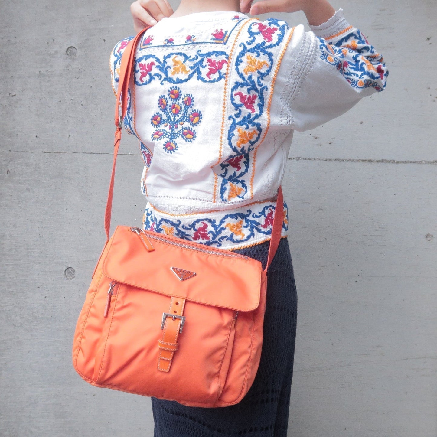 Prada Prada Logo Nylon Leather Shoulder Bag Orange B8994
