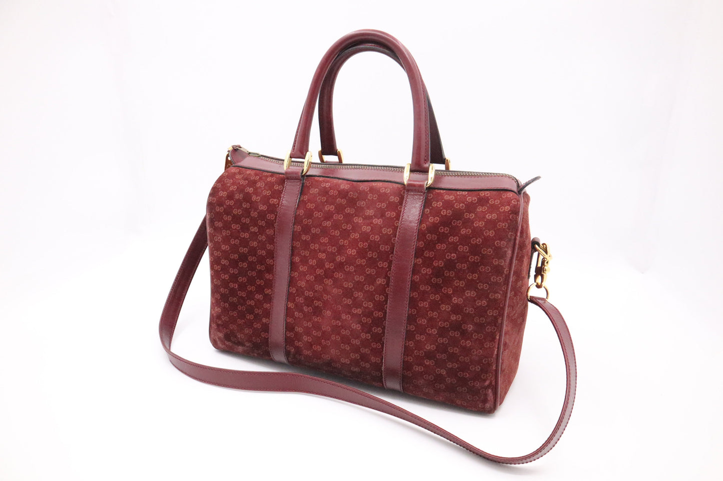 Gucci Boston Burgundy GG Suede Handbag