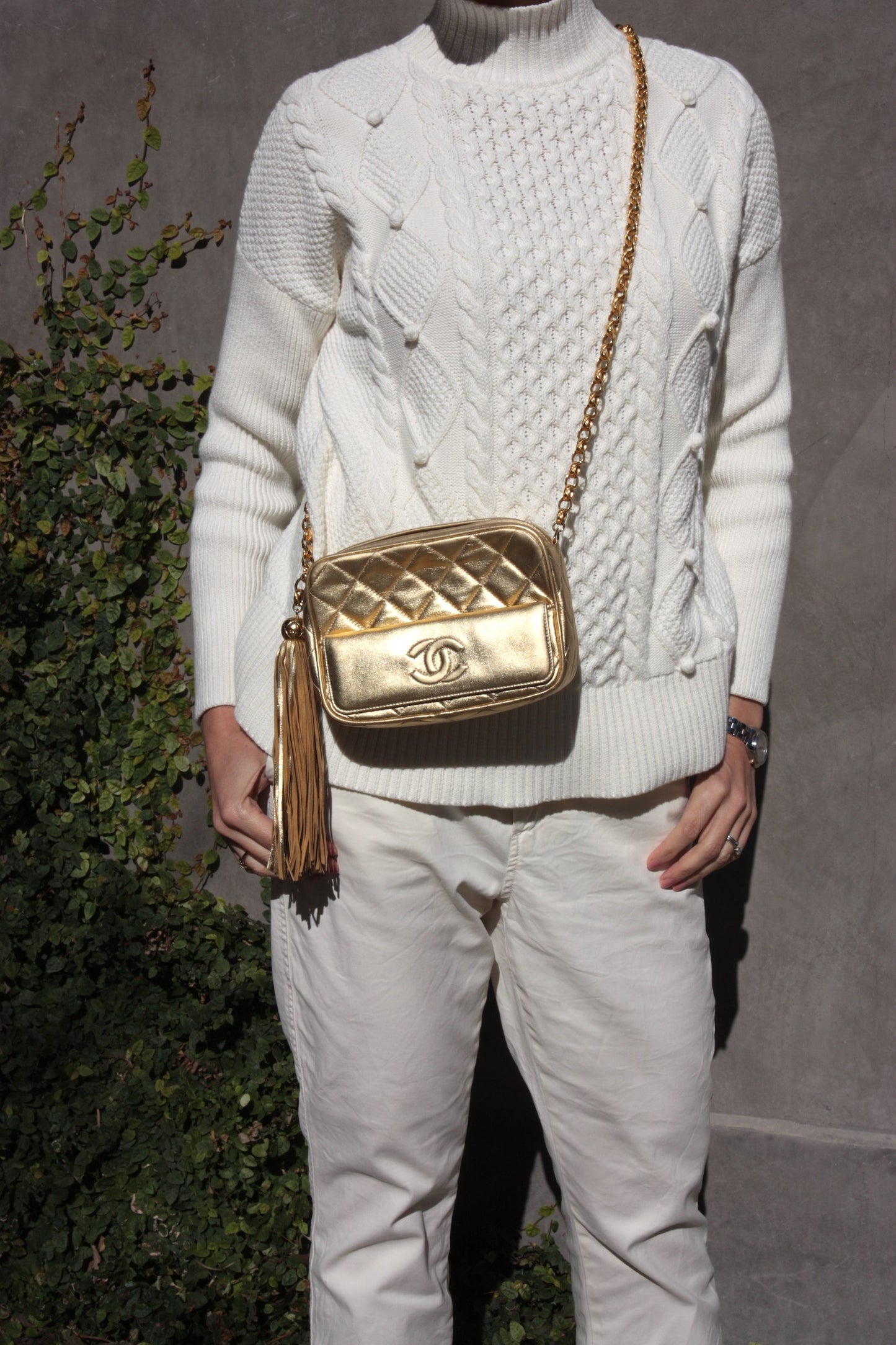 Chanel Quilted Gold CC Camera Tassel Shoulder Bag