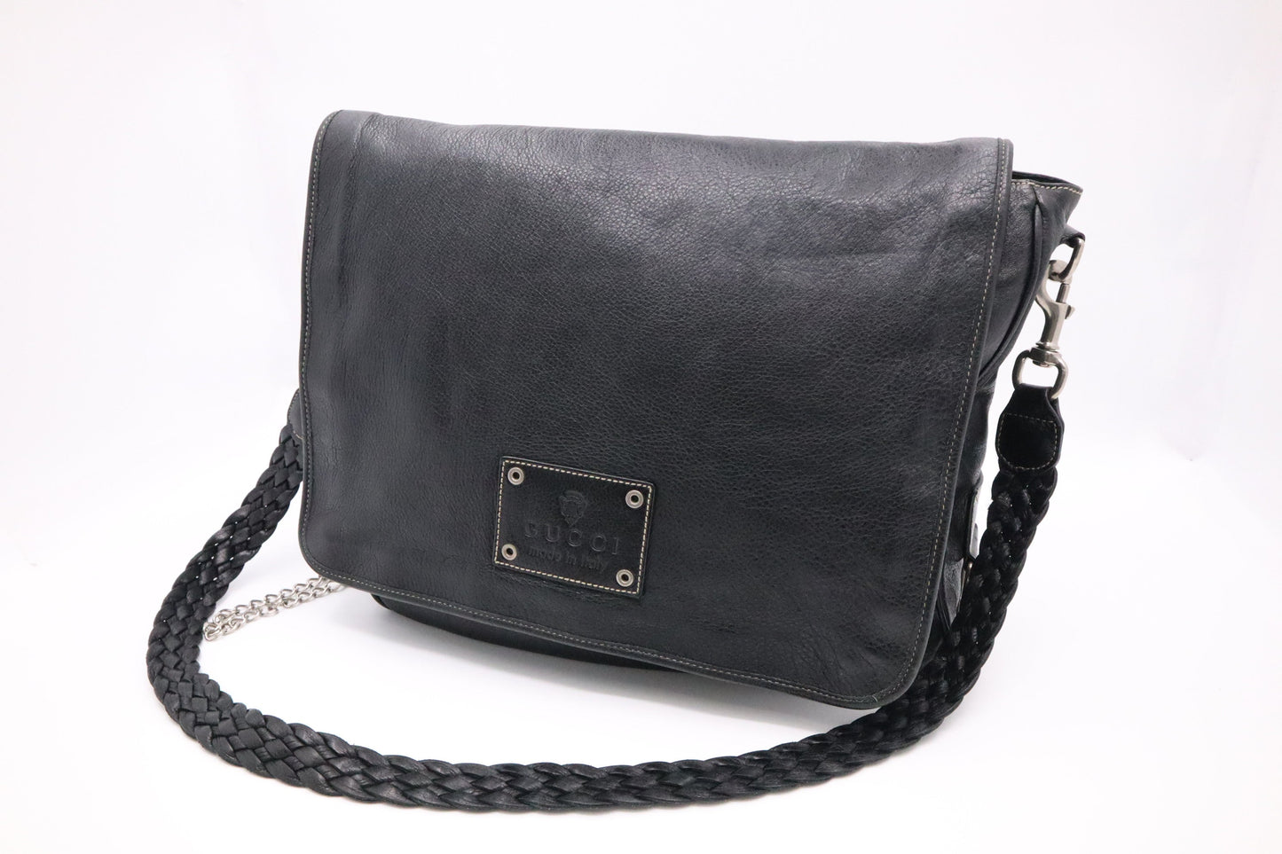 Gucci Crest Messenger Leather Black Chain Messenger Bag