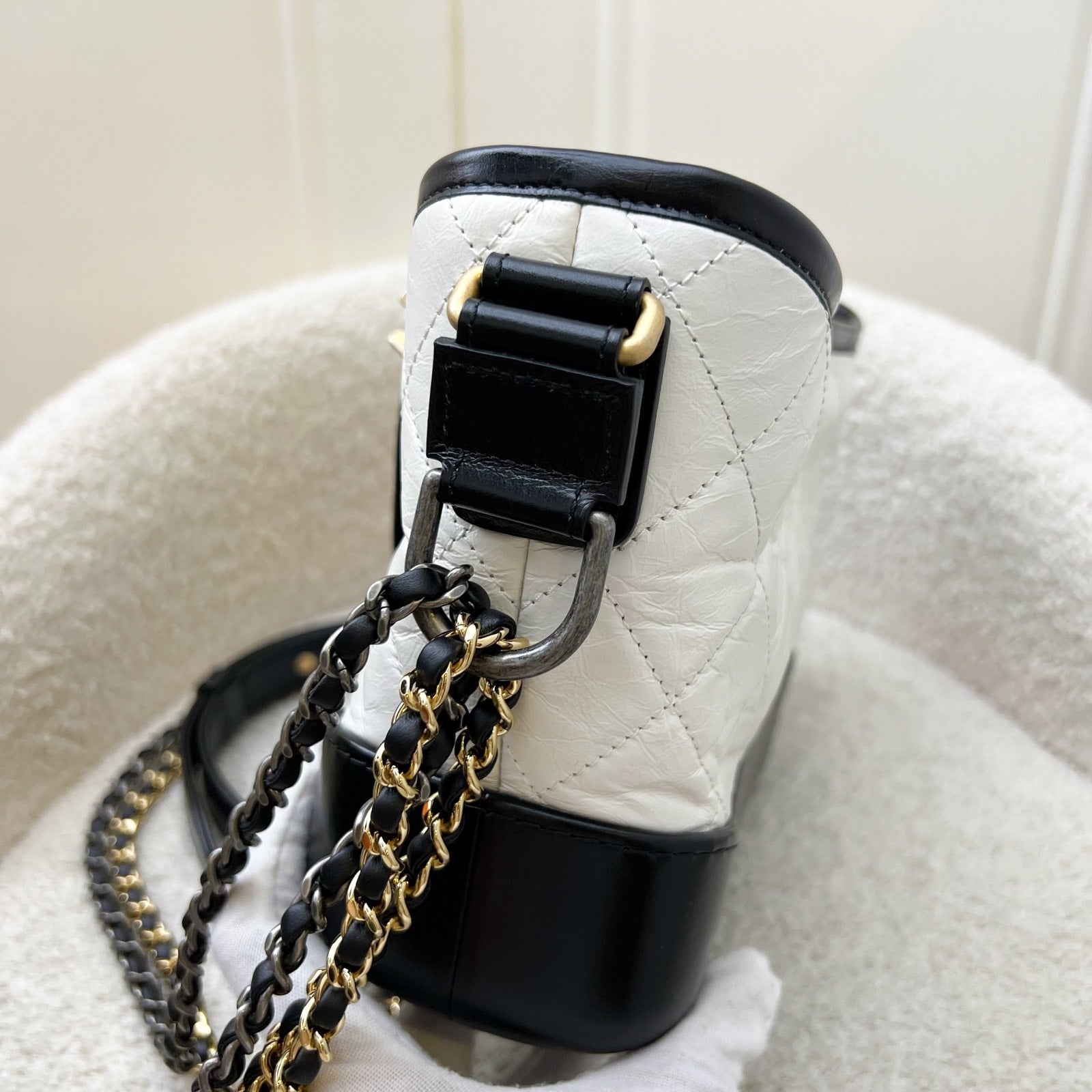 Chanel Small Gabrielle Hobo in White Distressed Calfskin,black Base and 3 Tone Hw