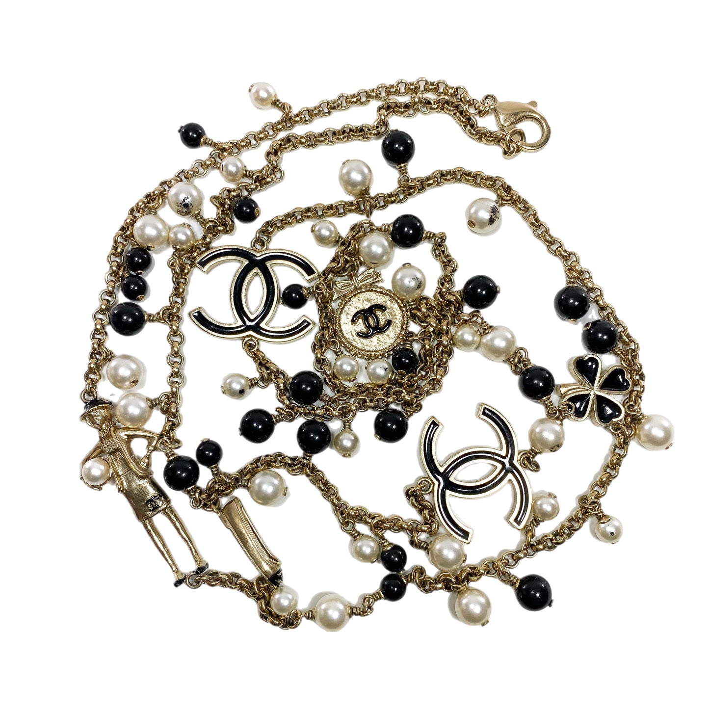 Chanel Black Gold Pearl Beaded Enamel CC Coco Long Necklace