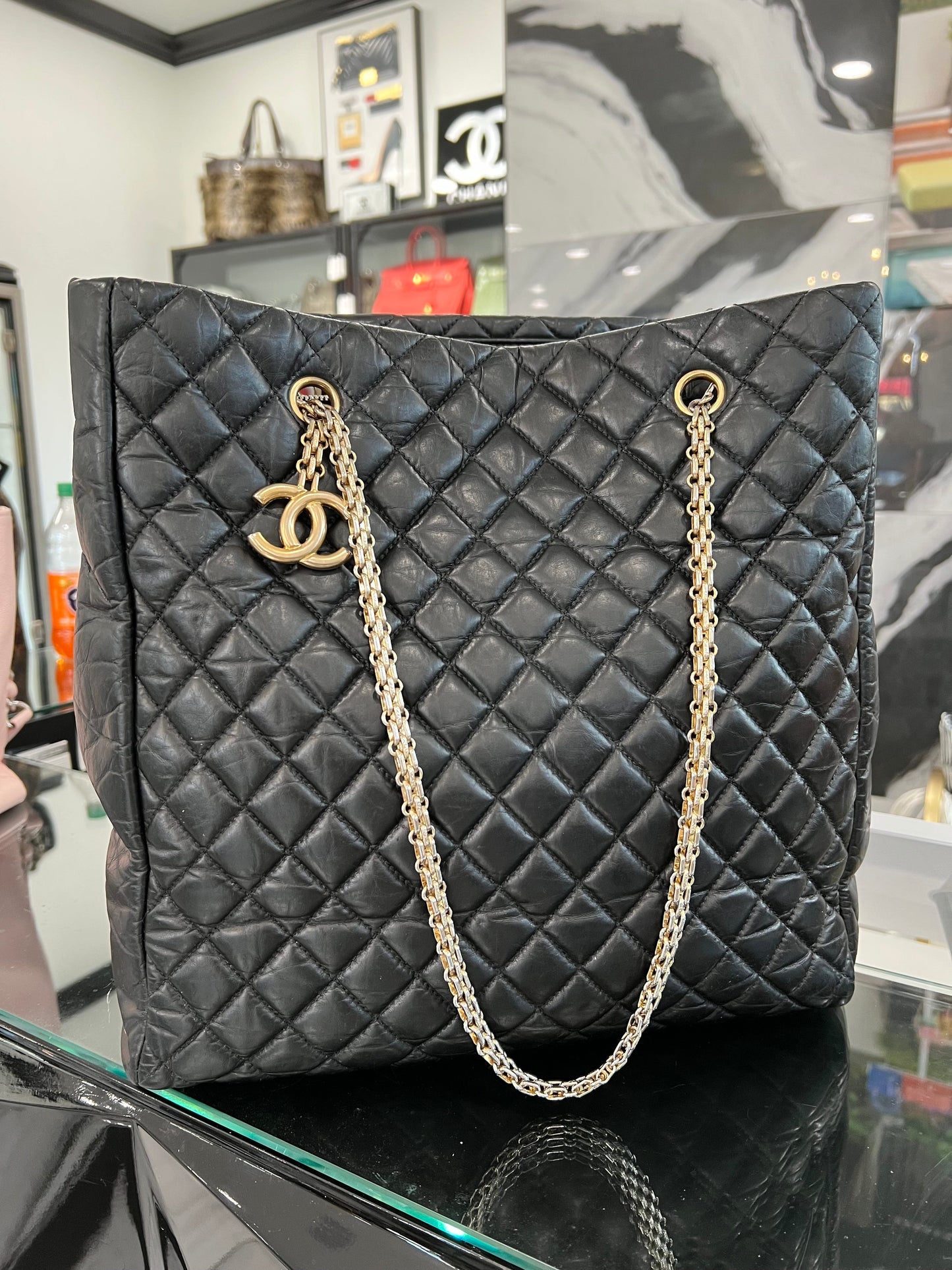 Chanel QUILTED VERTICAL SHOPPING Black Leather Tote Bag