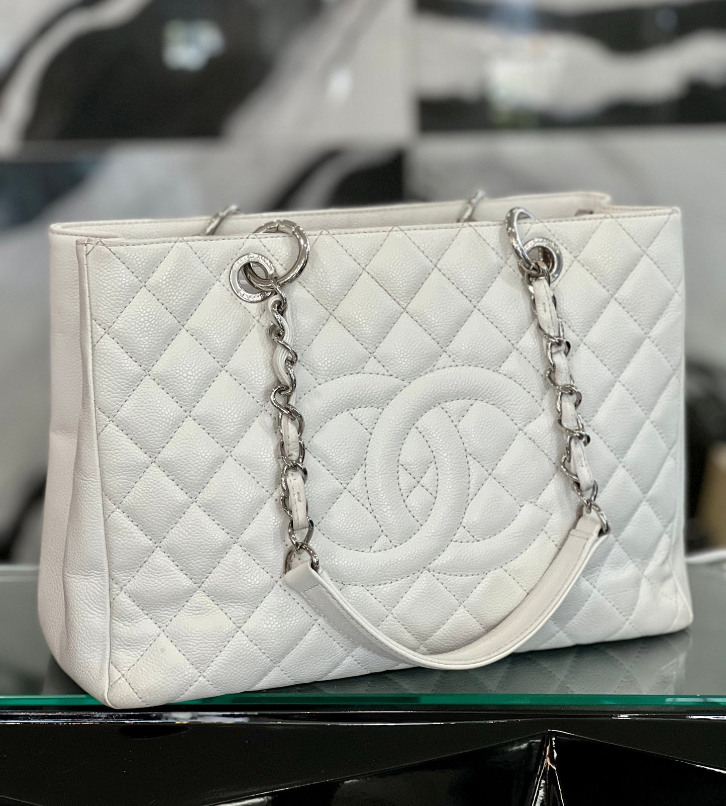 Chanel QUILTED CAVIAR GRAND SHOPPER White Tote Bag