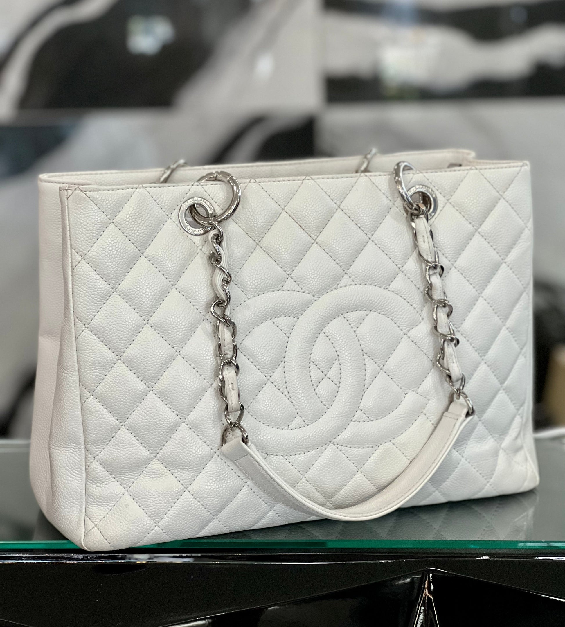 Chanel QUILTED CAVIAR GRAND SHOPPER White Tote Bag