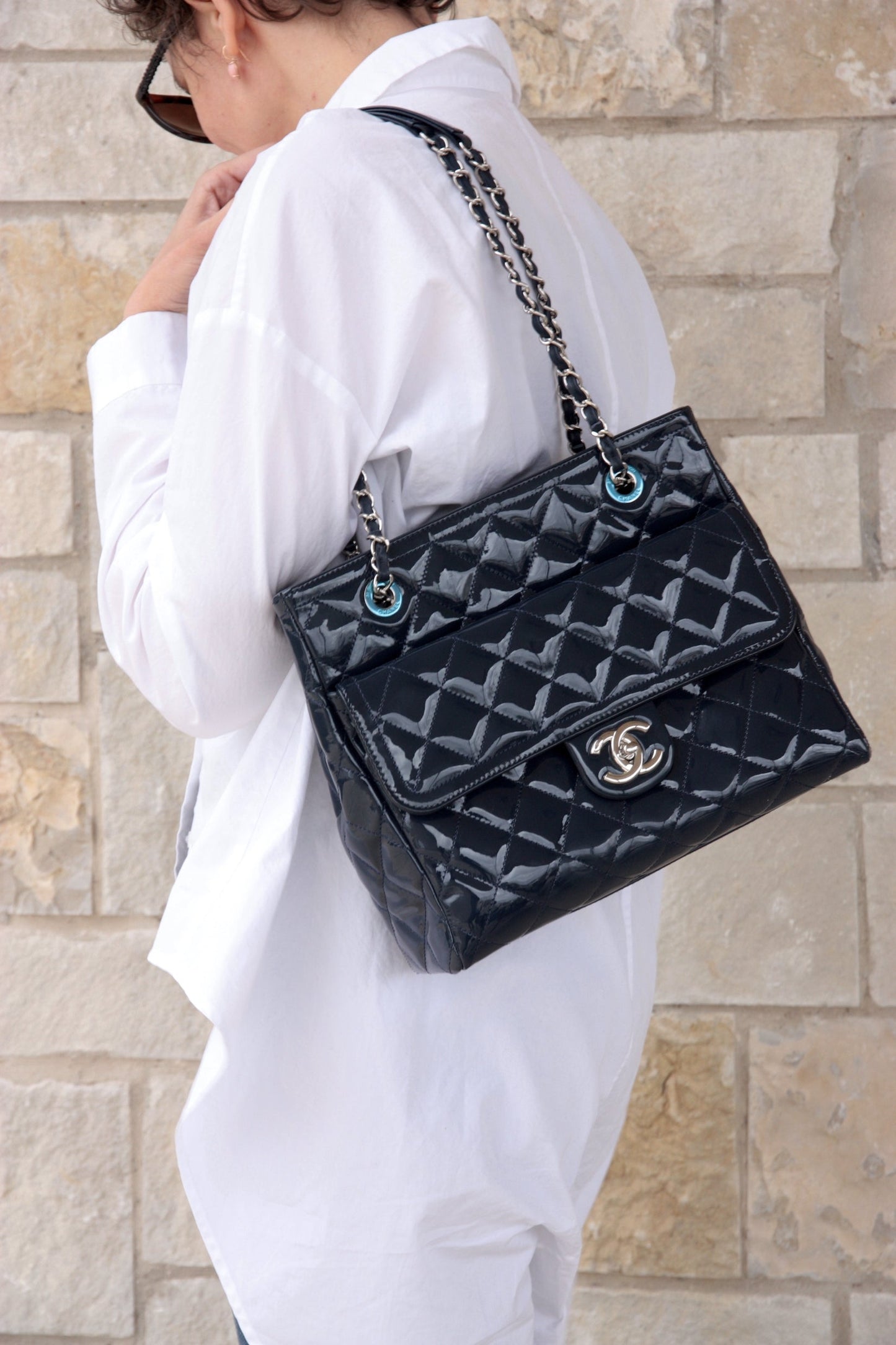Chanel Coco Shine Small Navy Quilted Patent Pocket Shopping Tote
