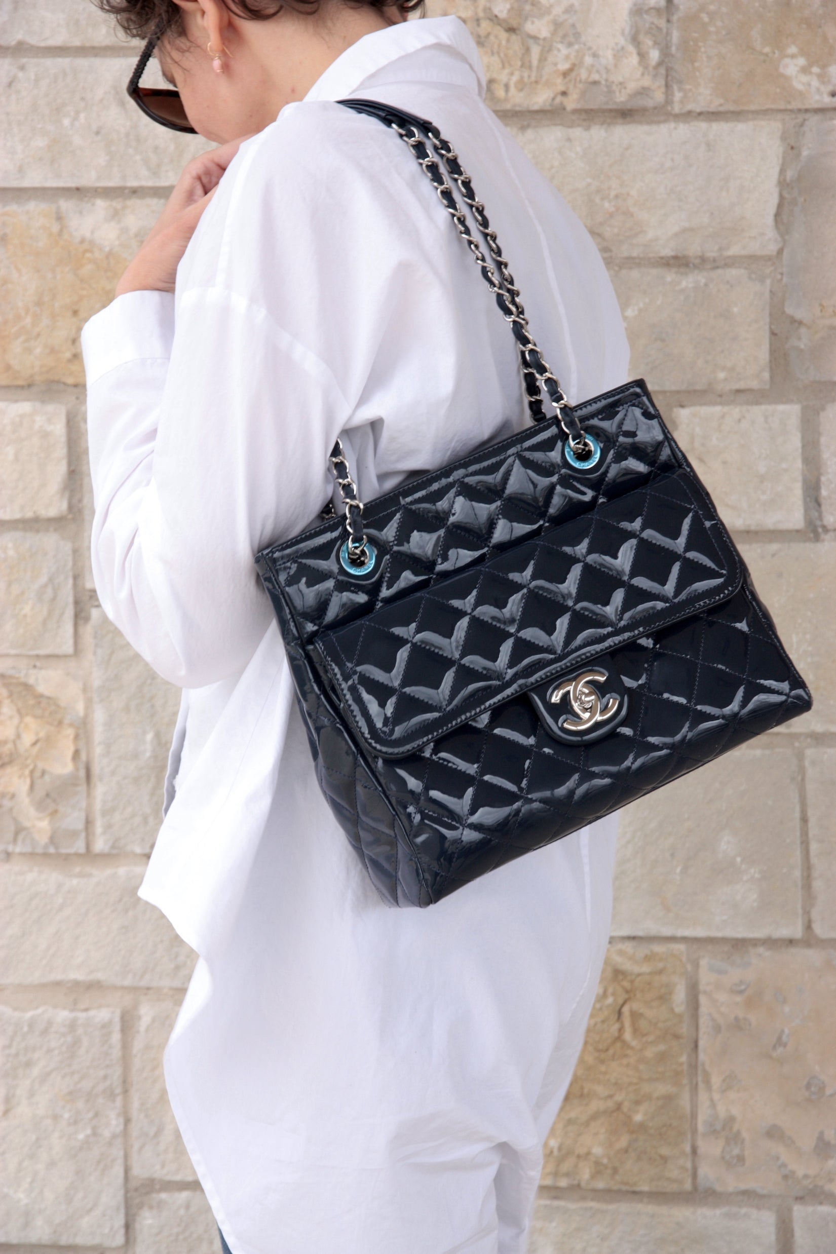 Chanel Coco Shine Small Navy Quilted Patent Pocket Shopping Tote