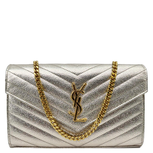 YSL Saint Laurent Yves Cassandre Metallic Grain De Poudre Shoulder Bag Leather Silver