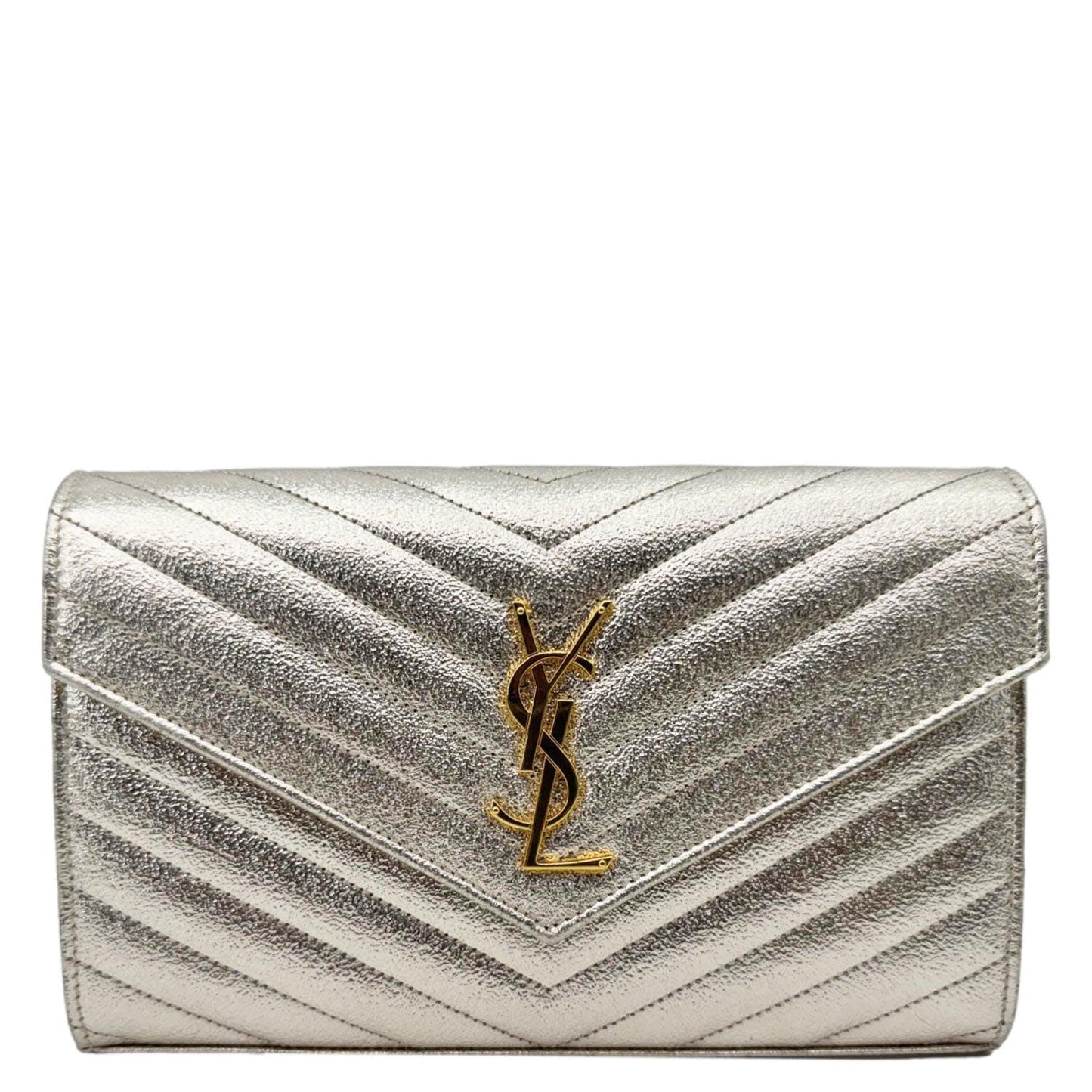 YSL Saint Laurent Yves Cassandre Metallic Grain De Poudre Shoulder Bag Leather Silver