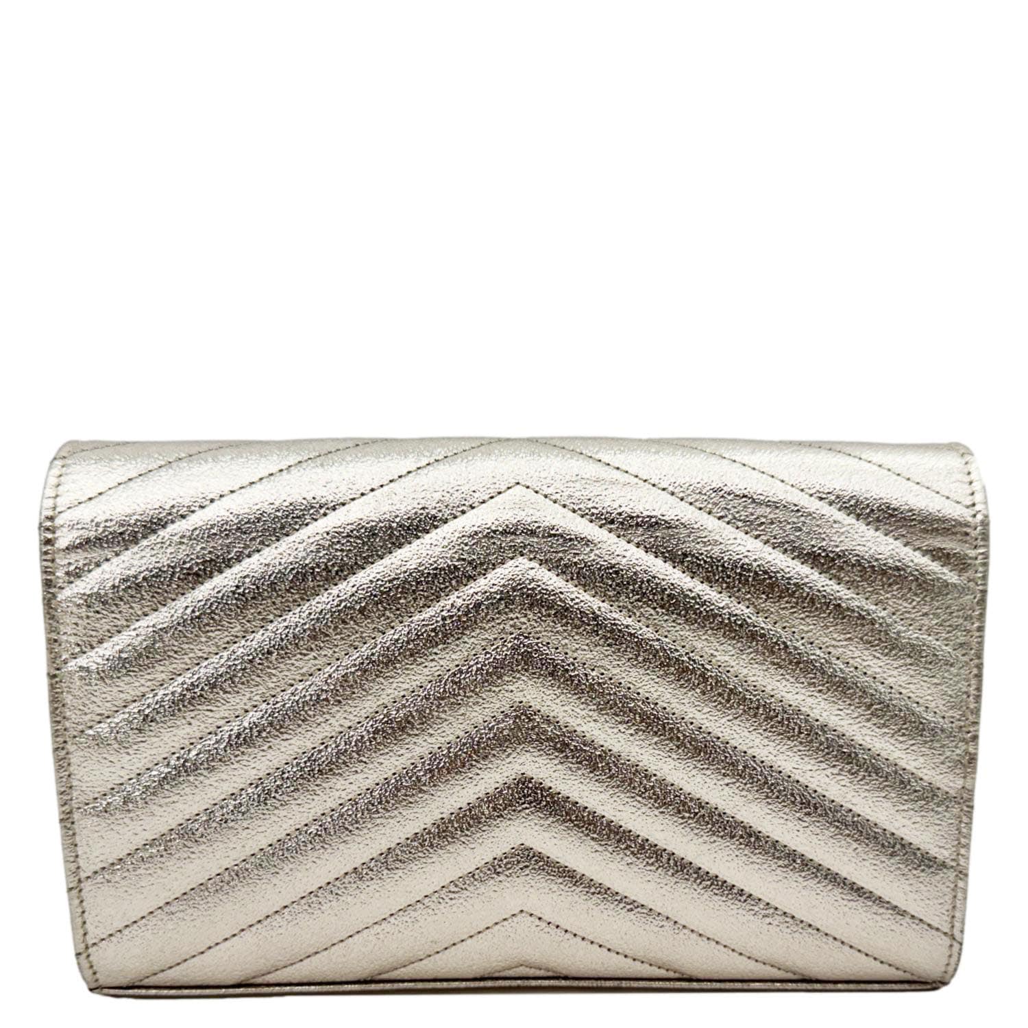 YSL Saint Laurent Yves Cassandre Metallic Grain De Poudre Shoulder Bag Leather Silver