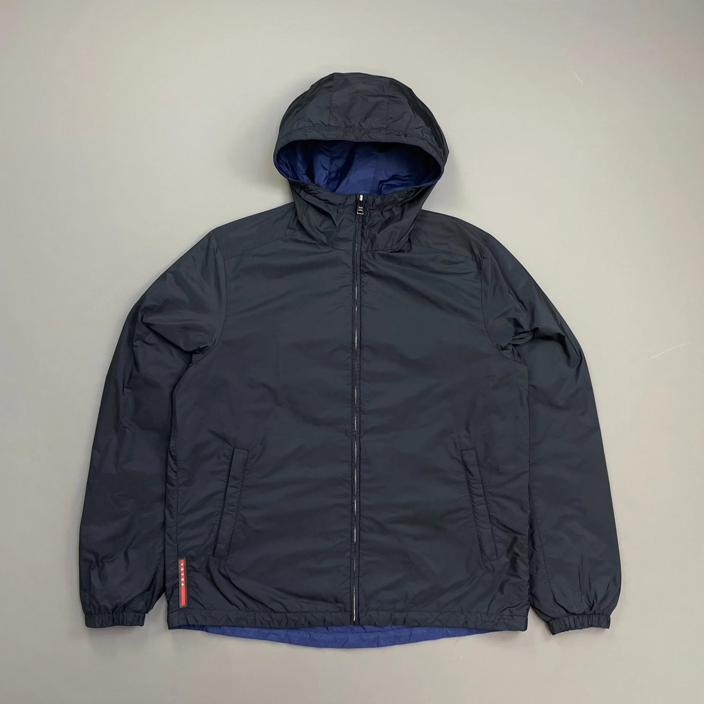 Prada Handbag Sport & Iridescent Reversible Resin-Coated Hooded Windbreake Nylon Blue Navy