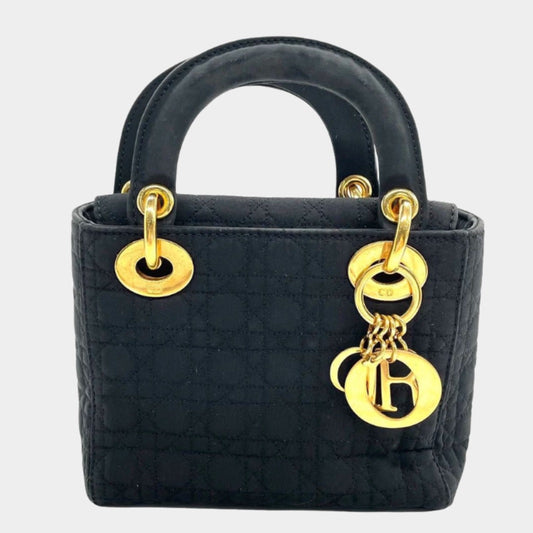 Dior Lady Cloth With Yellow Tone Hardware Handbag Black Gold Travel Bag 3