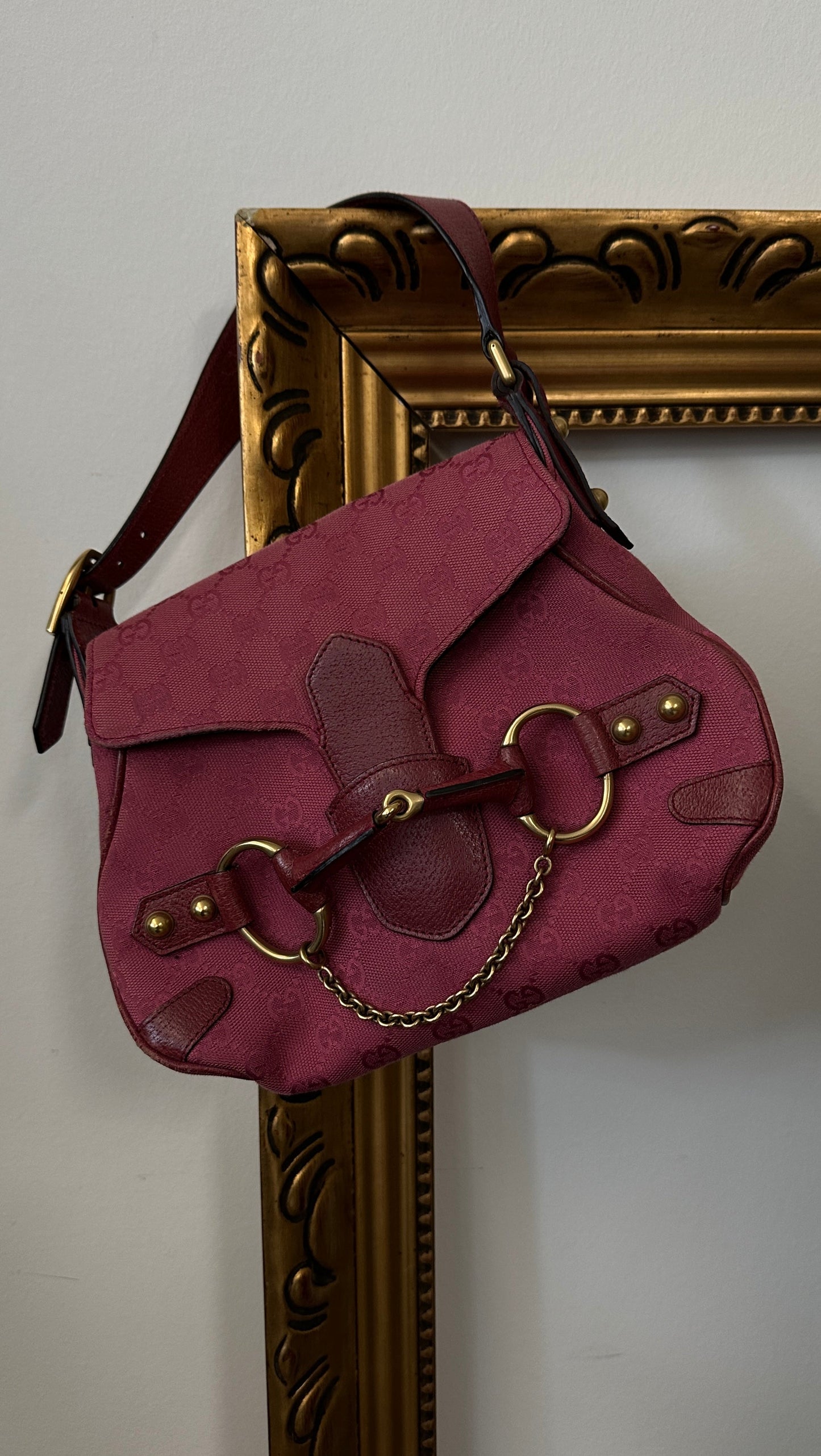 GUCCI Horsebit Flap Shoulder Bag Bordeaux Pink