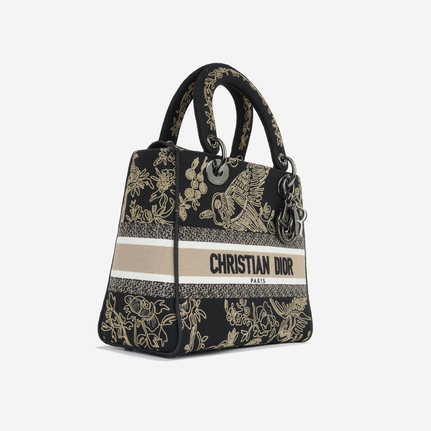 Dior Christian Lady Lite Toile Crossbody Bag Black Medium Embroidered