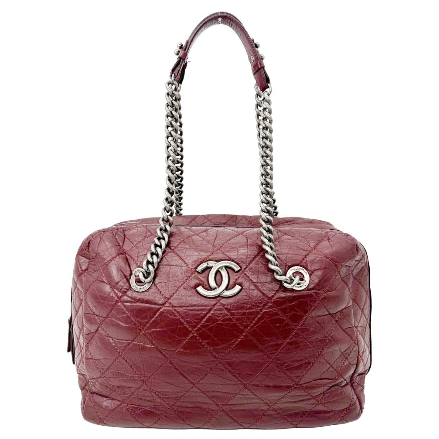Chanel Secret Aged Quilted Bowling Burgundy Leather Calfskin Travel Bag