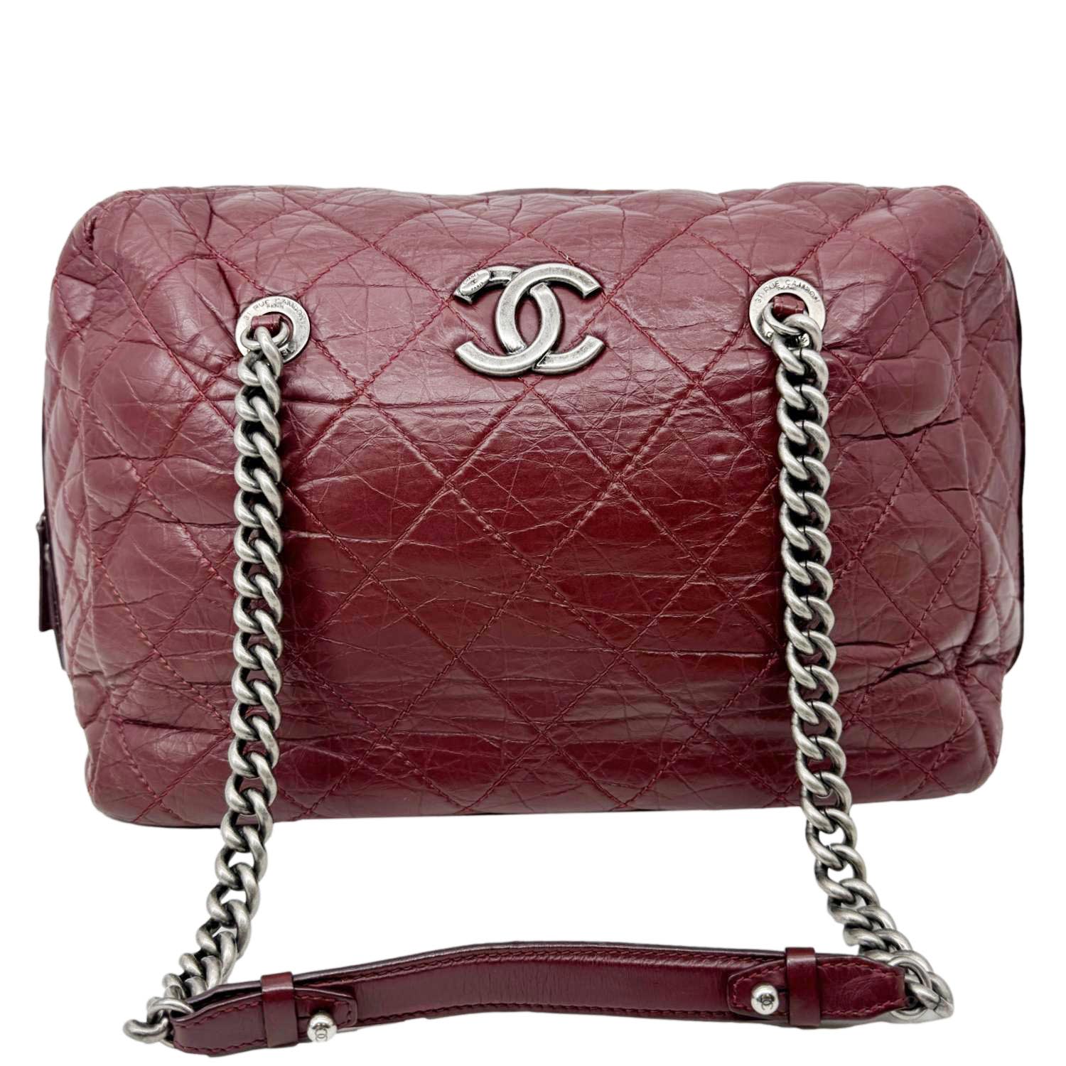 Chanel Secret Aged Quilted Bowling Burgundy Leather Calfskin Travel Bag