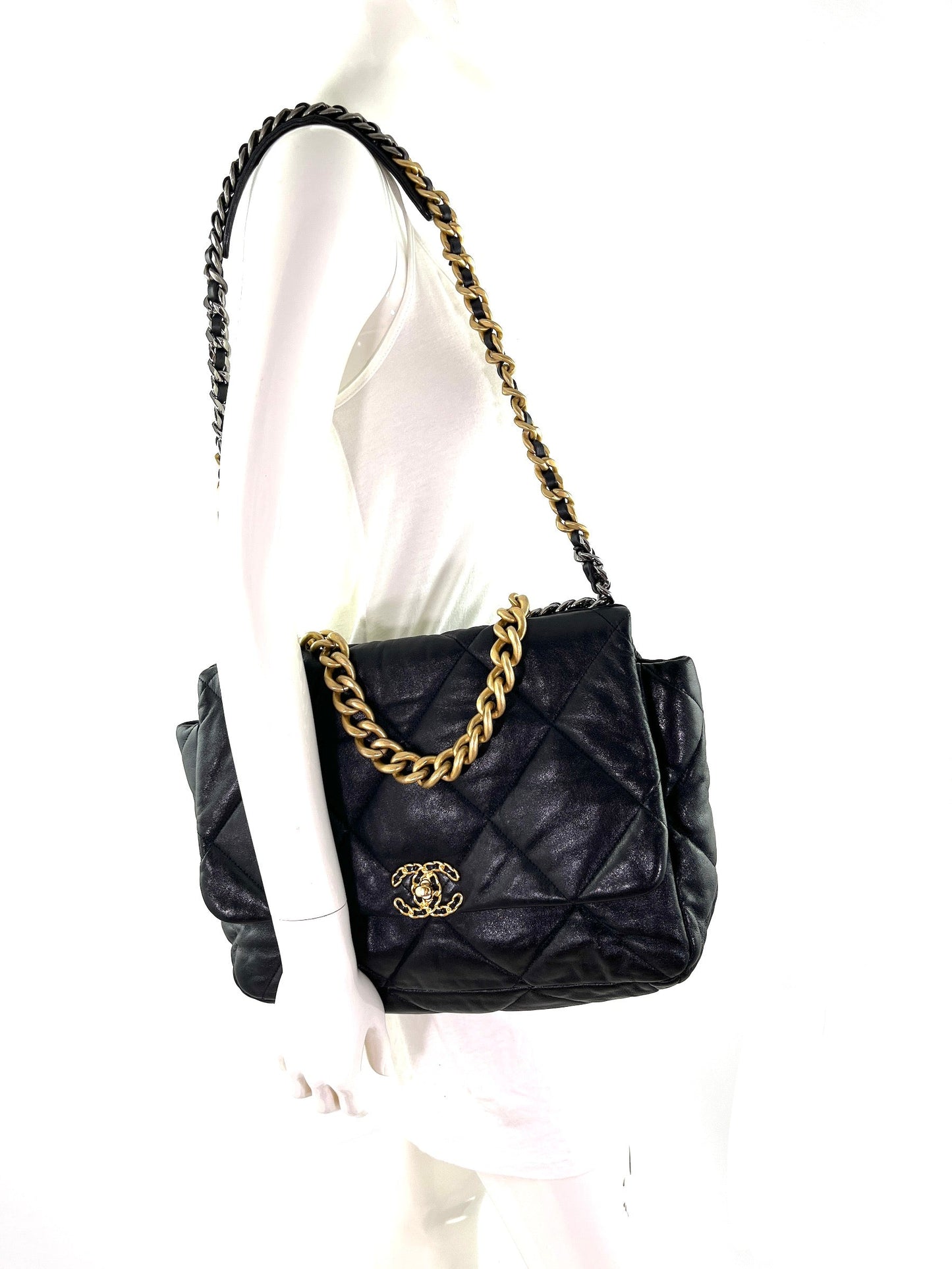 Chanel 19 Black Goatskin Chain Quilted Maxi Bag