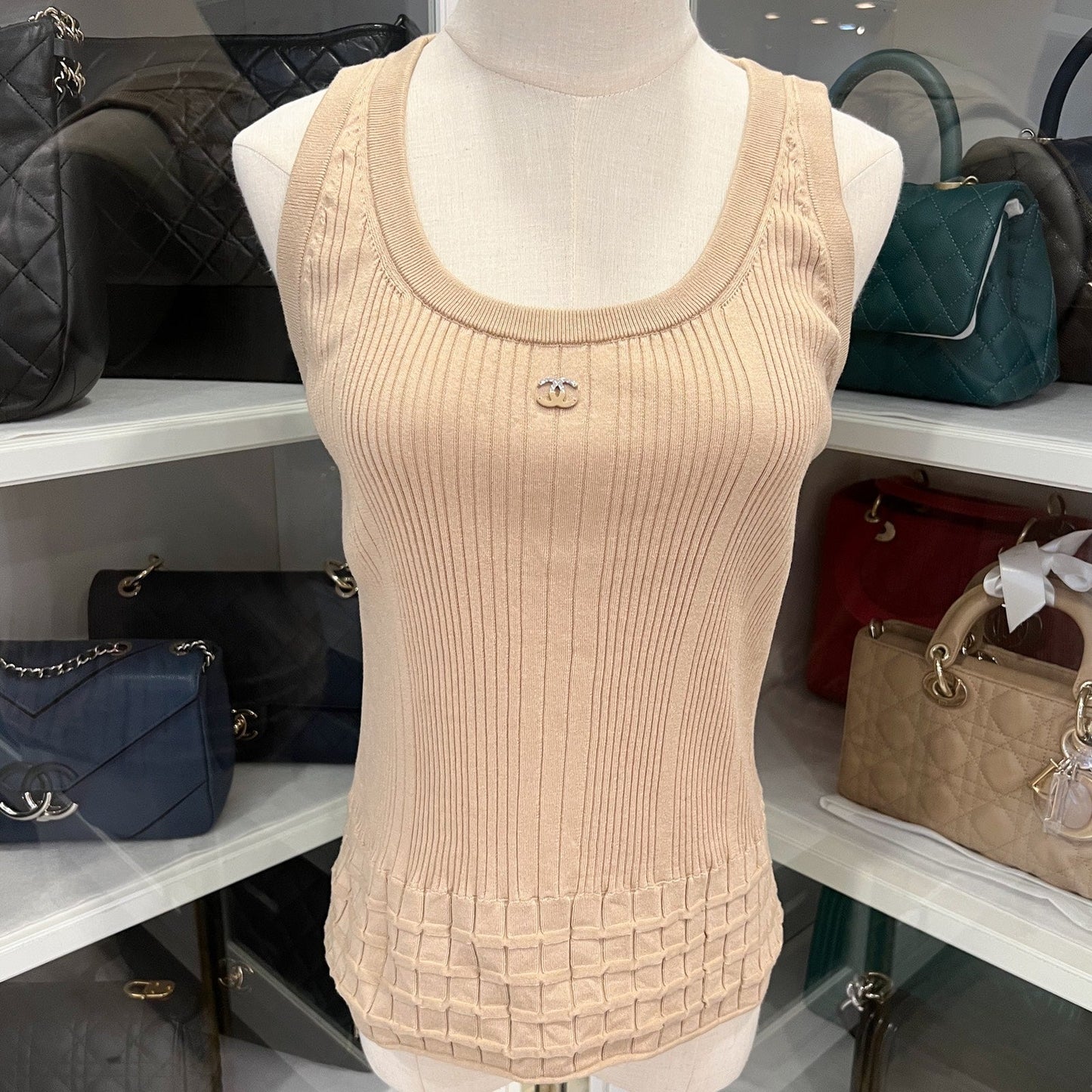 Chanel 25P Tank Top with CC Logo in Dark Beige Cotton Sz 40 Handbag
