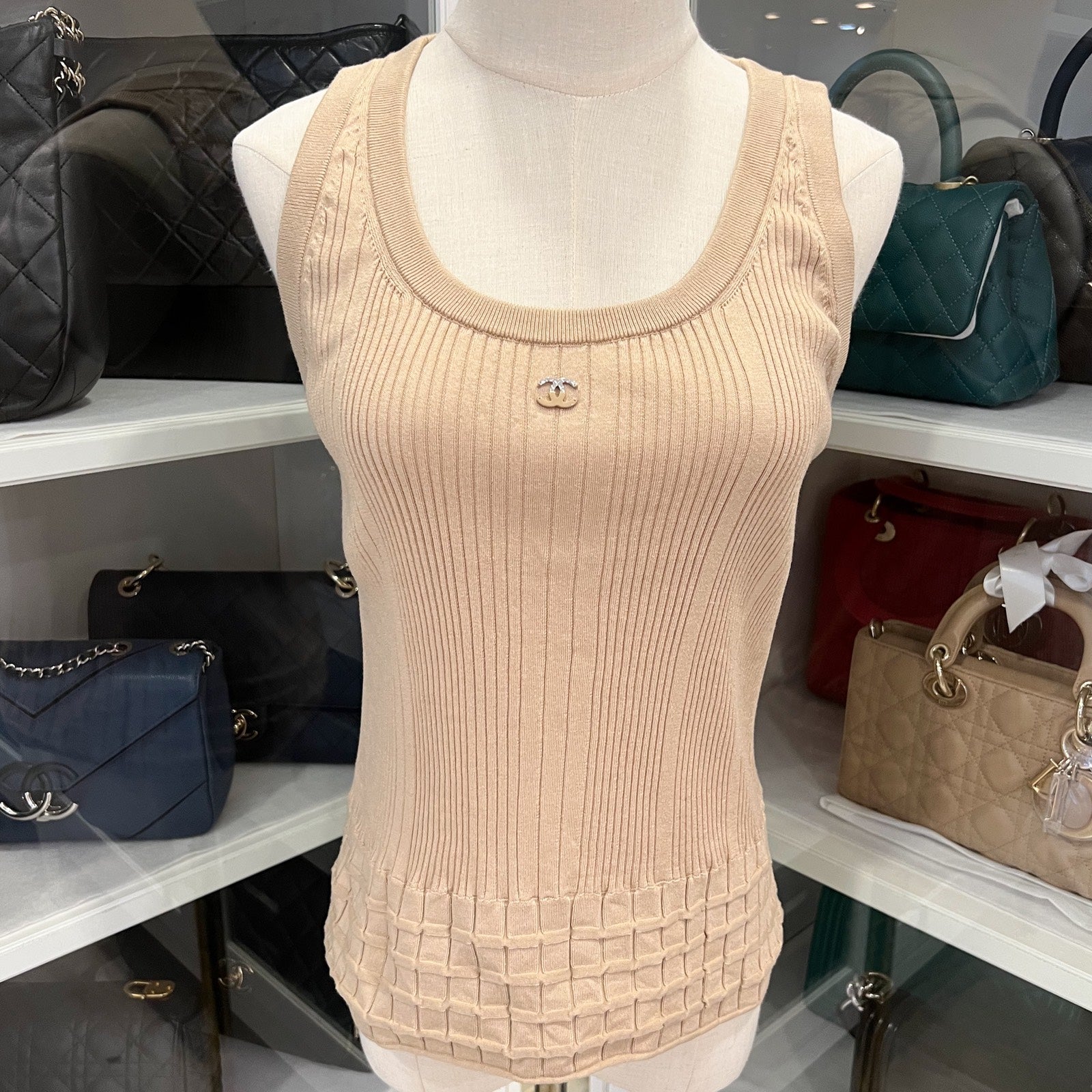Chanel 25P Tank Top With Cc Logo In Dark Beige Cotton Sz 40 Bag