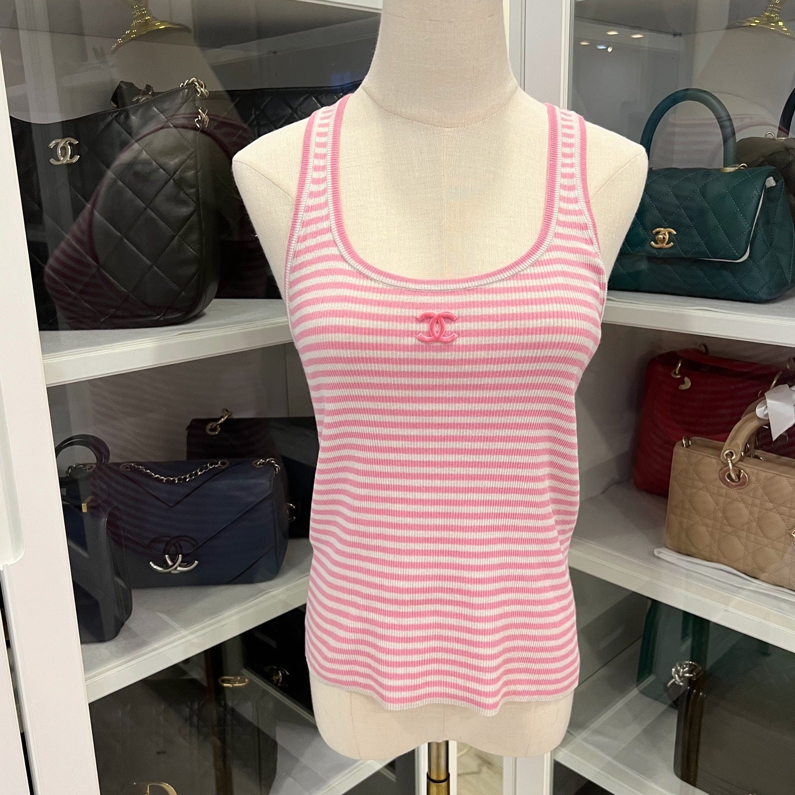 Chanel Striped Knit Tank Top In Pink Cotton And Polyamide Sz 34 Bag