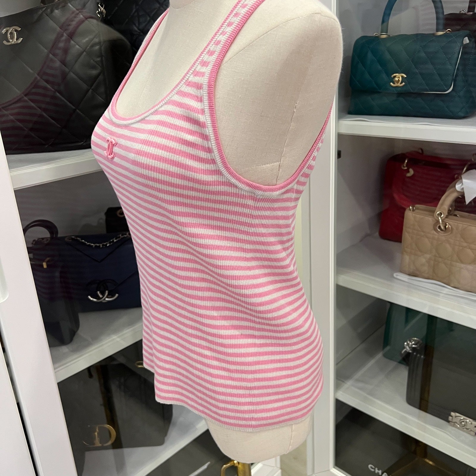Chanel Striped Knit Tank Top In Pink Cotton And Polyamide Sz 34 Bag
