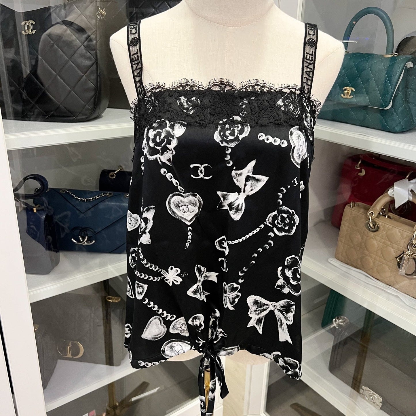 Chanel 25B Camisole Top In Black Silk With White Prints Sz 38 Bag