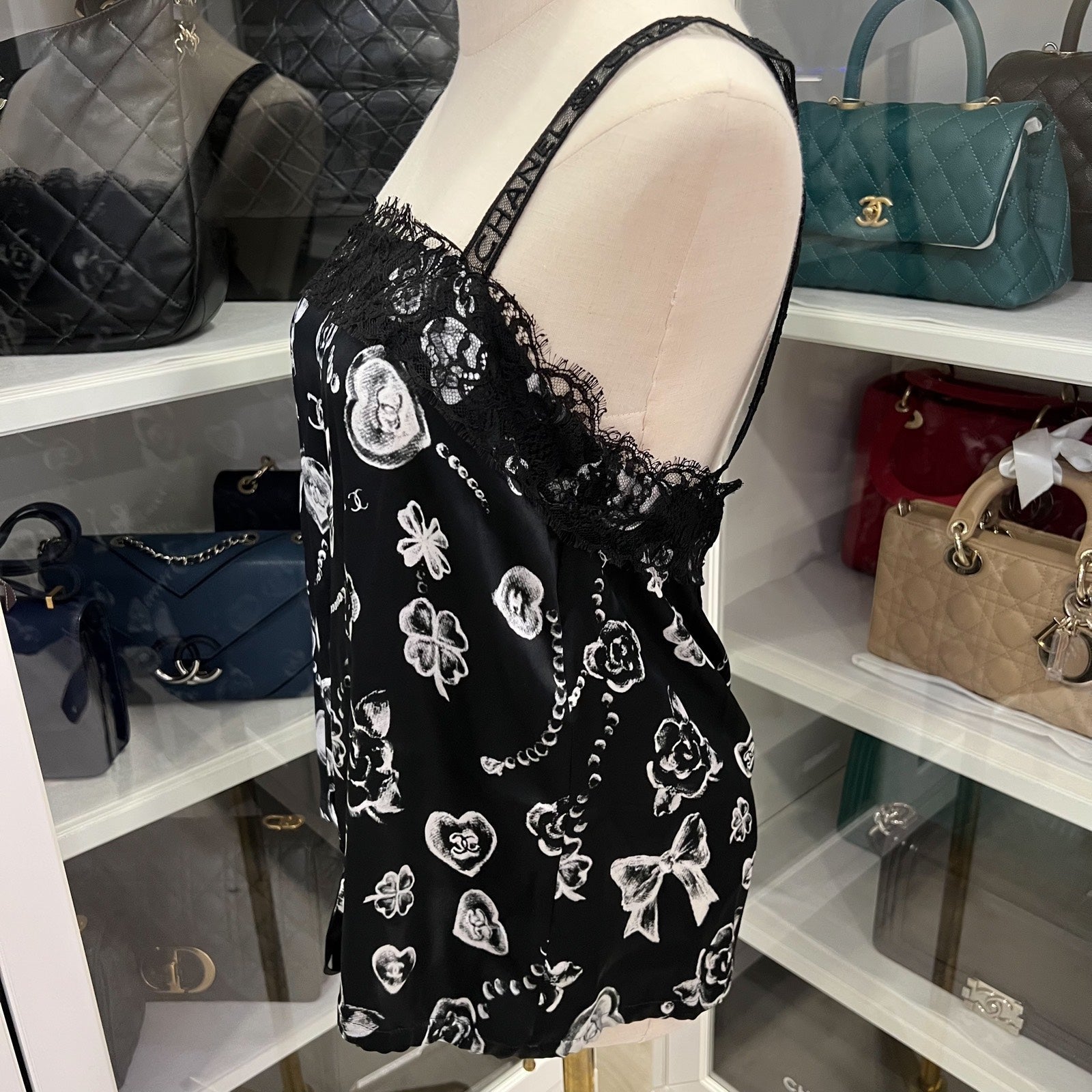 Chanel 25B Camisole Top In Black Silk With White Prints Sz 38 Bag