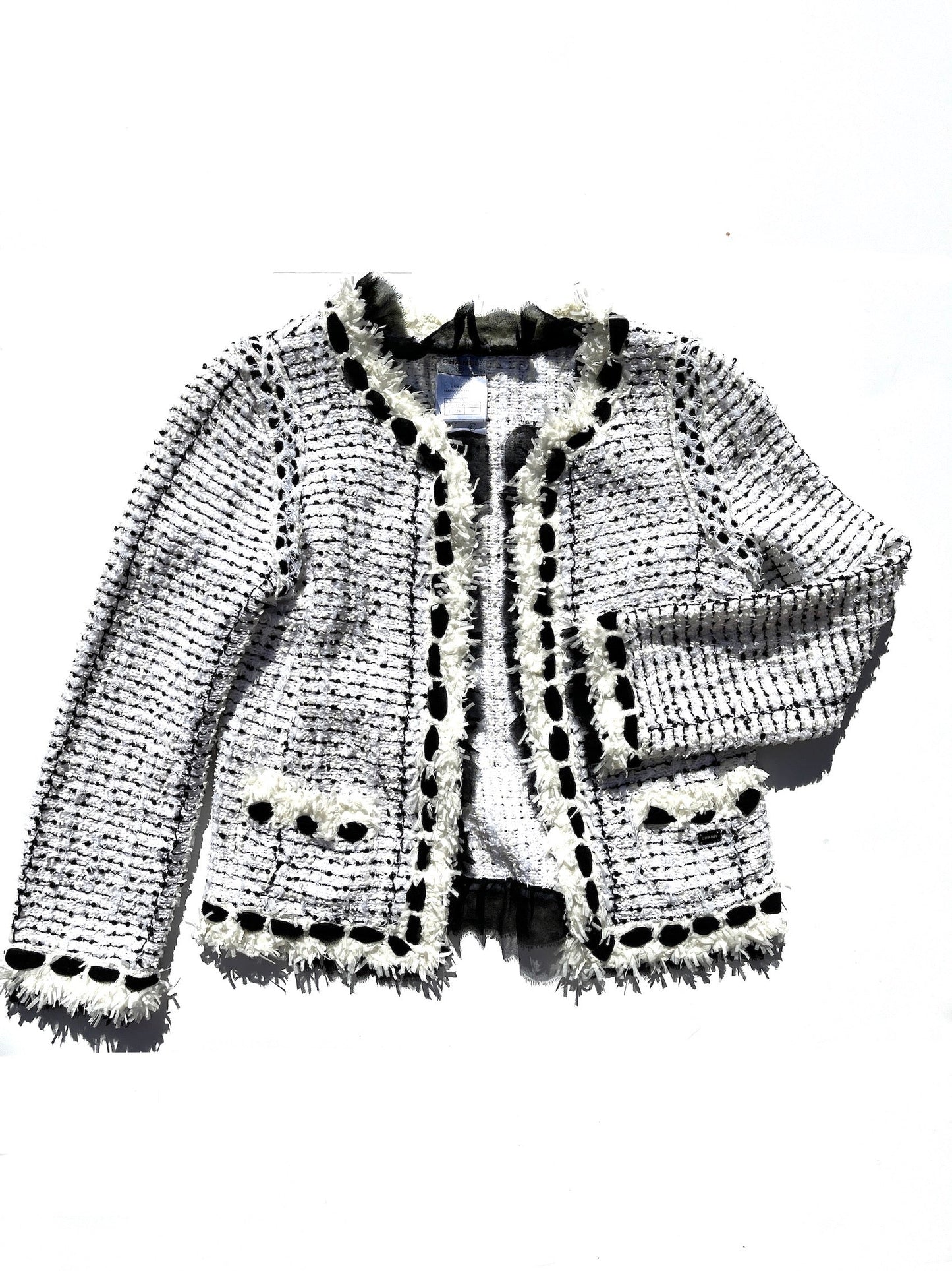 CHANEL Tweed Sequined Collarless Black White 2005 Open Jacket 38 4