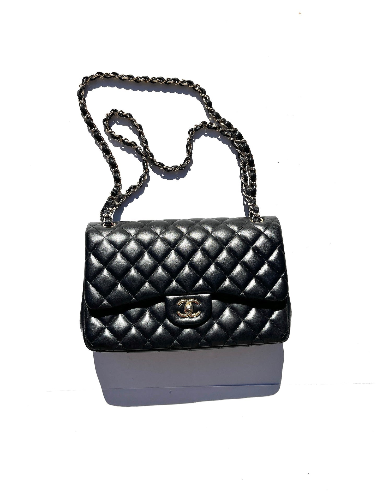 Chanel Black Lambskin Jumbo Quilted Gold Hardware Classic Double Flap Bag
