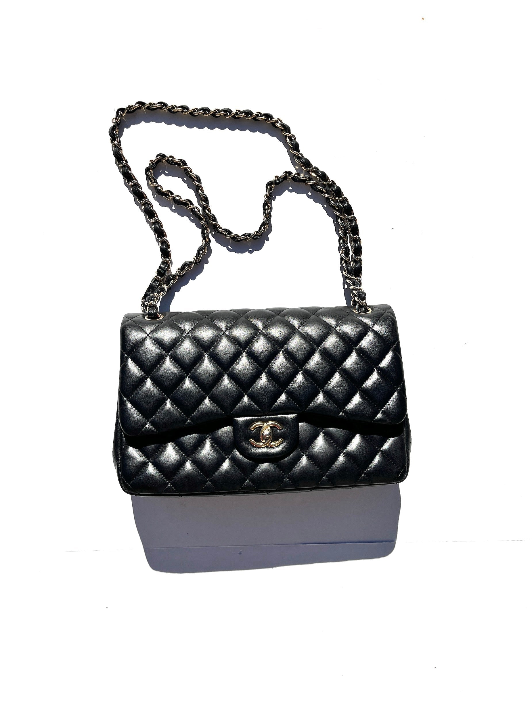 Chanel Black Lambskin Jumbo Quilted Gold Hardware Classic Double Flap Bag