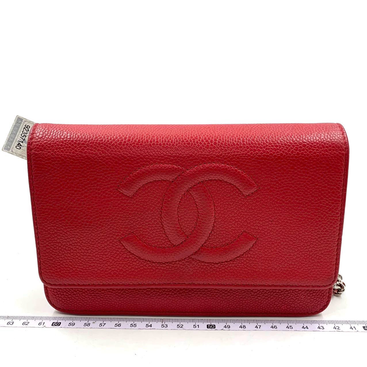 Chanel on WOC Double CC Caviar Red Leather Wallet Case