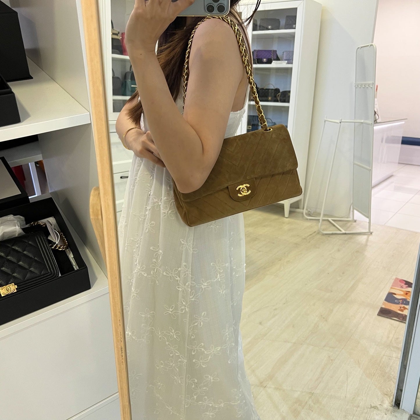 Chanel Medium Classic Flap Cf in Brown Suede and 24K Gold Plated Hw Handbag