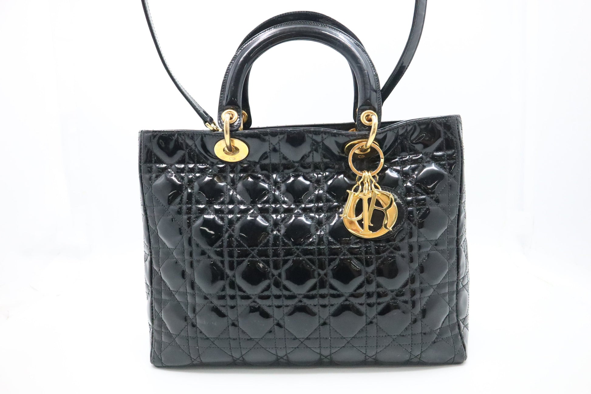 Dior Lady In Cannage Patent Handbag Leather Black Travel Bag 3