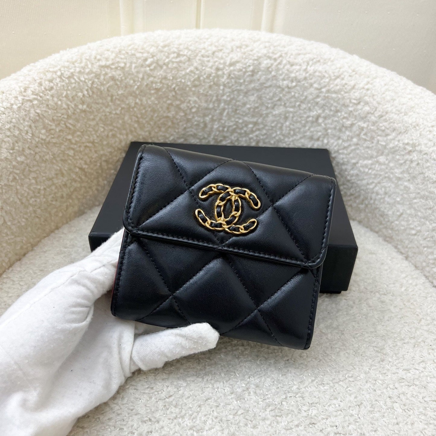 Chanel 19 Compact Trifold Wallet in Black Lambskin and Aghw Handbag