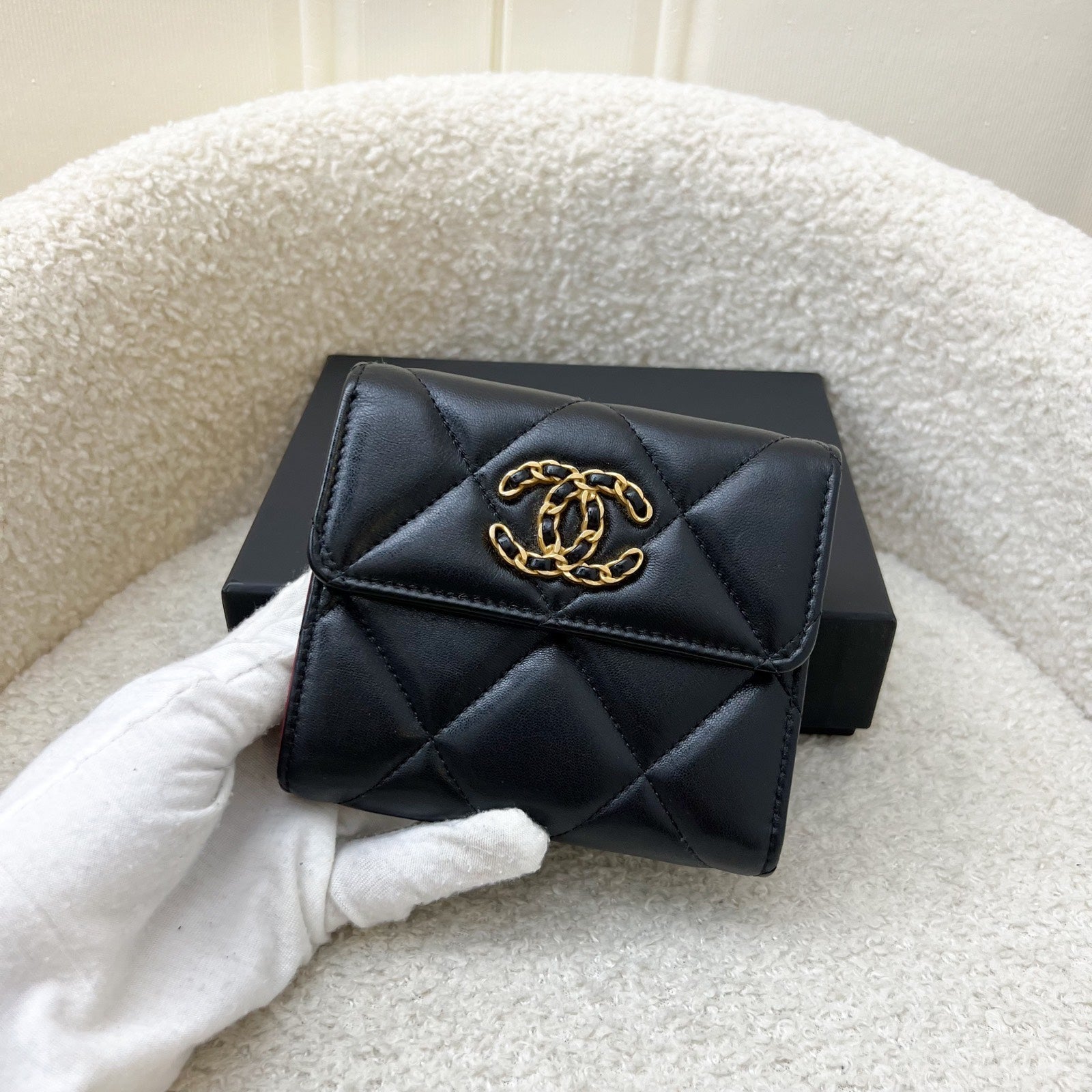 Chanel 19 Compact Trifold Wallet in Black Lambskin and Aghw Handbag