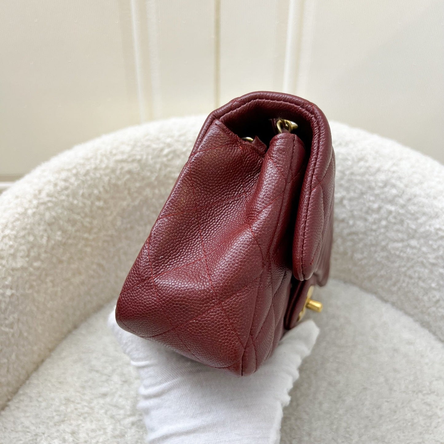 Chanel Classic Mini Rectangle Flap in 18C Iridescent Burgundy Red Caviar and AGHW