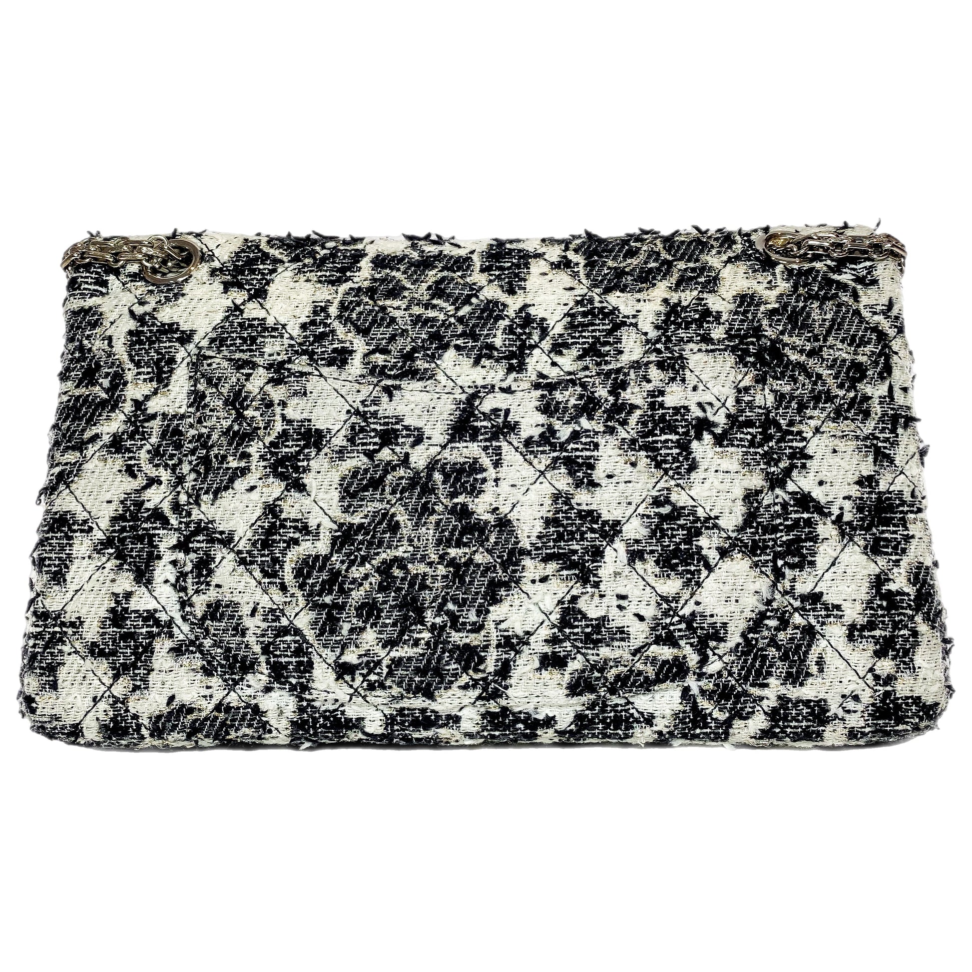 Chanel 2.55 Reissue 226 Black White Tweed Camellia Flap Bag