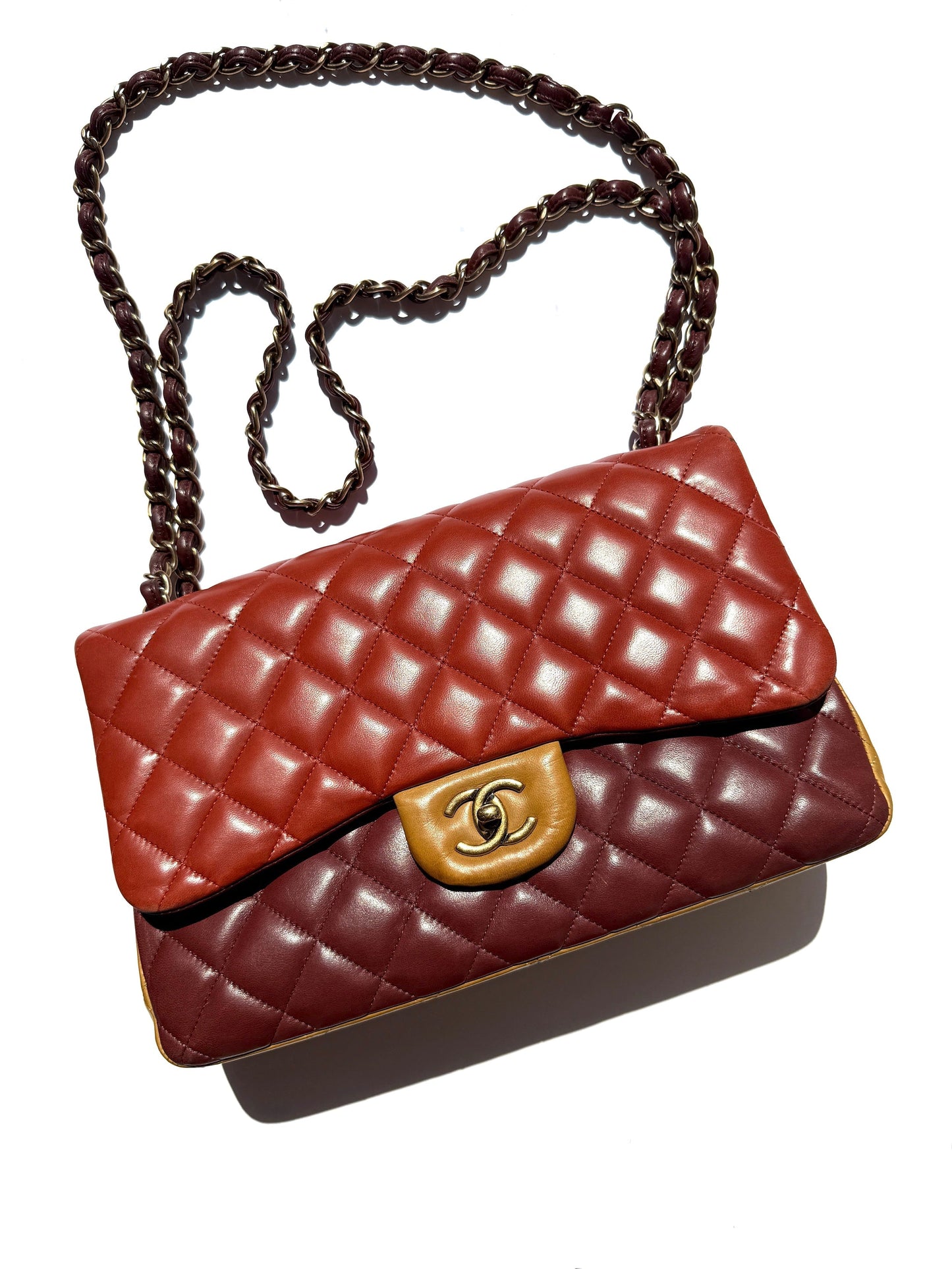 Chanel Classic Jumbo Quilted Lambskin Tri-Color Burgundy Yellow Red Double Flap Shoulder Crossbody Bag
