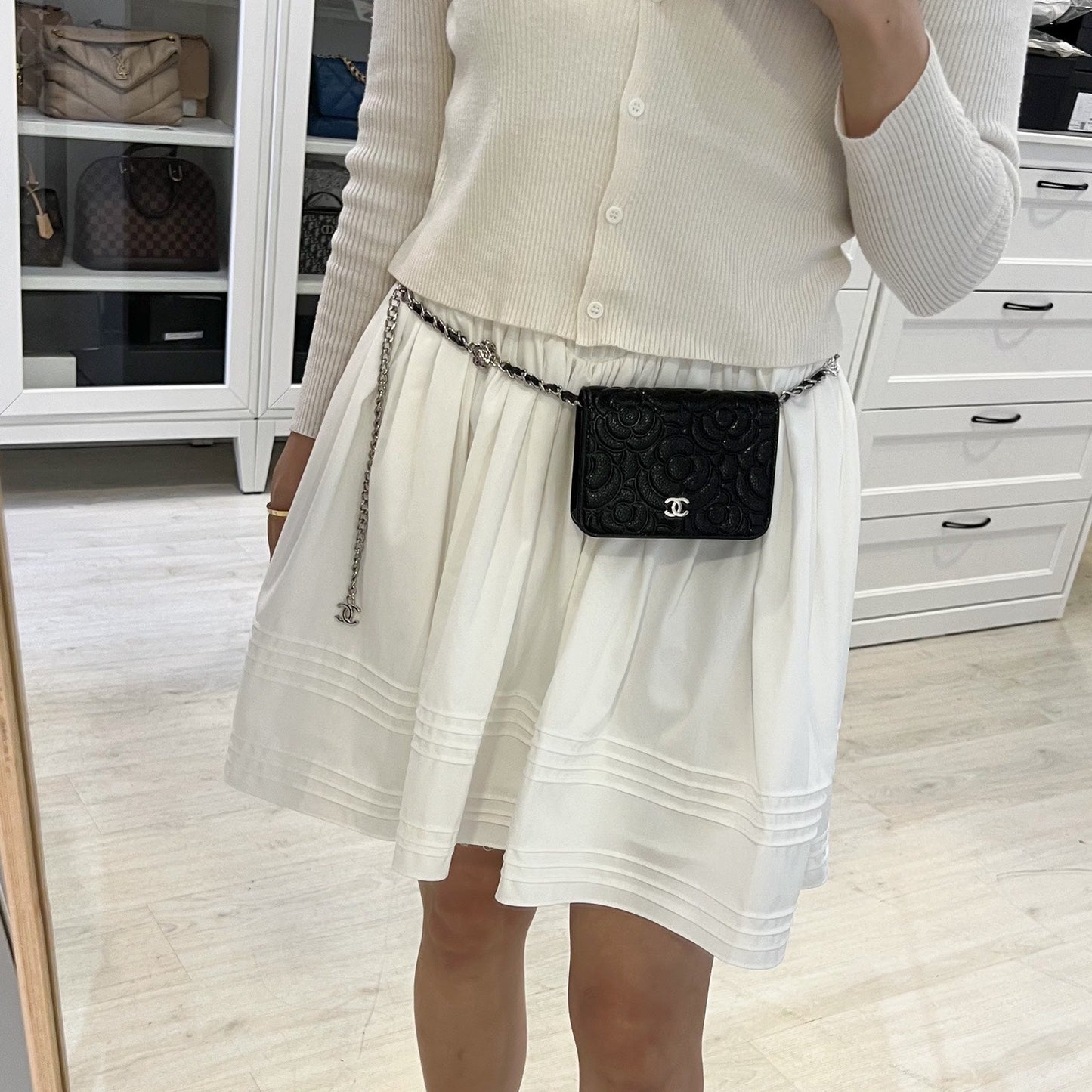 Chanel 20K Camellia Micro Flap Clutch On Chain Belt Bag In Black Caviar And Shw