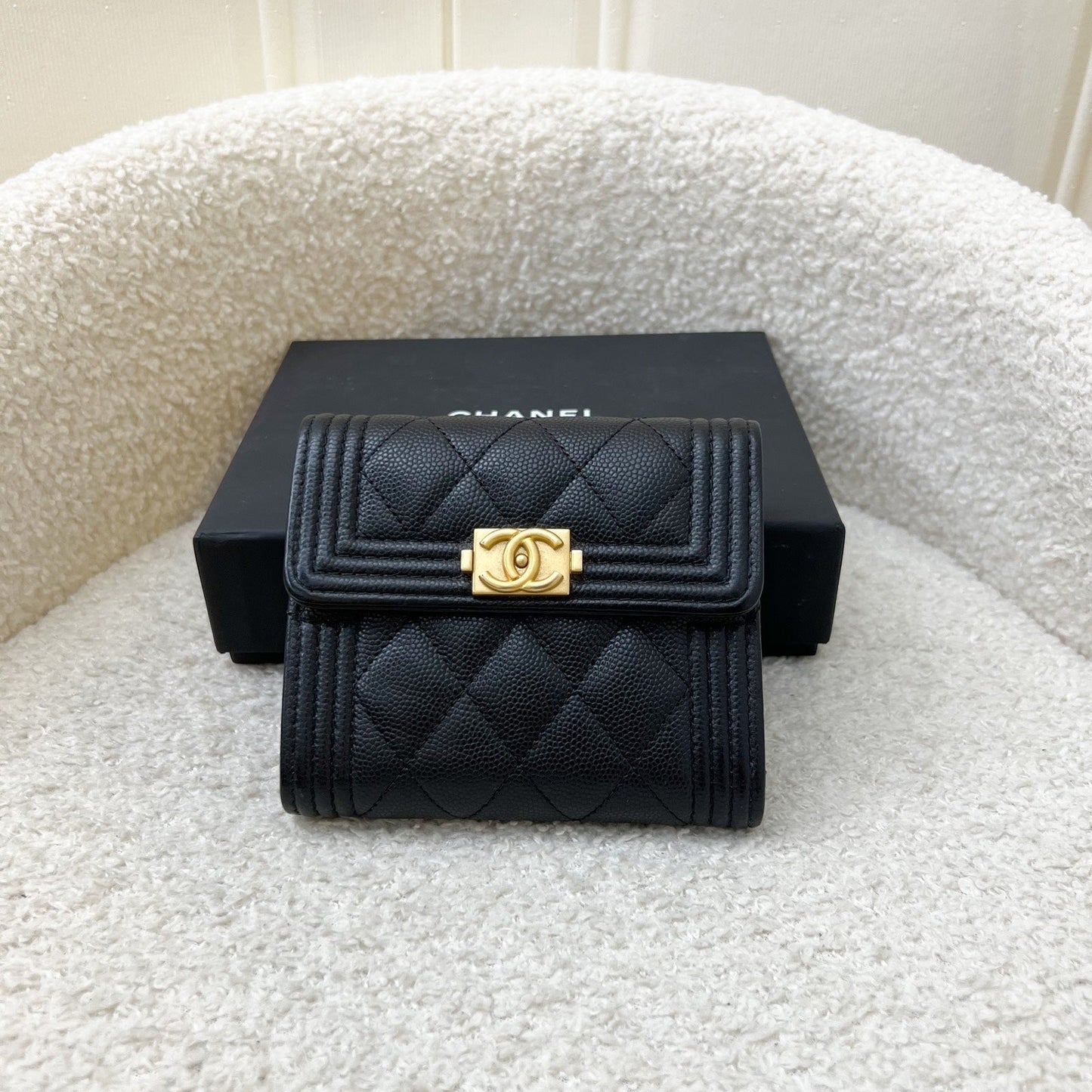 Chanel Boy Compact Trifold Wallet in Black Caviar and Aghw Handbag