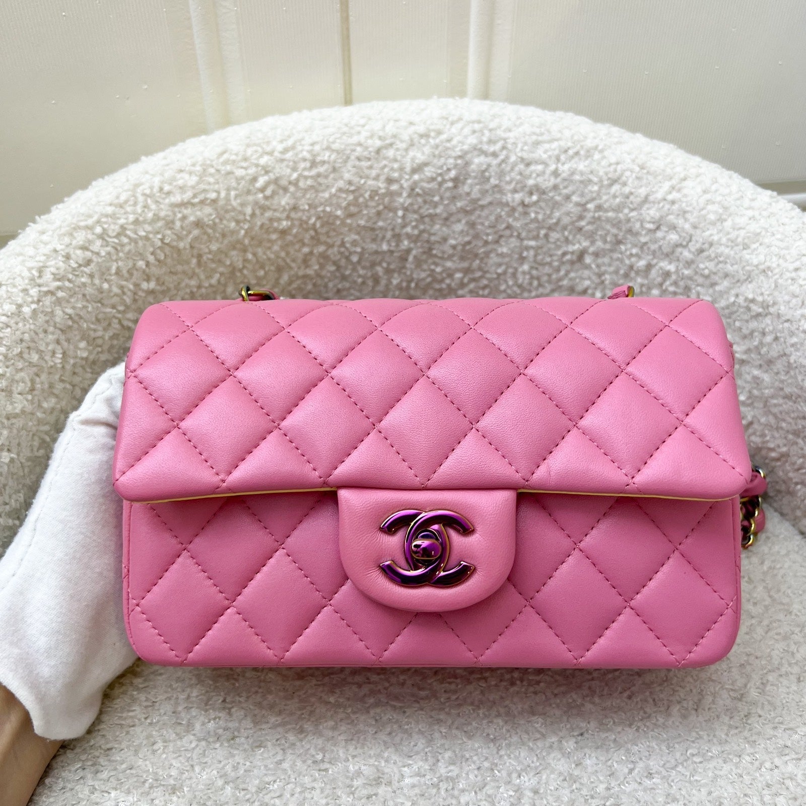 Chanel Classic Mini Rectangle Flap in 21P Pink / Yellow Lambskin and Rainbow Hw Handbag