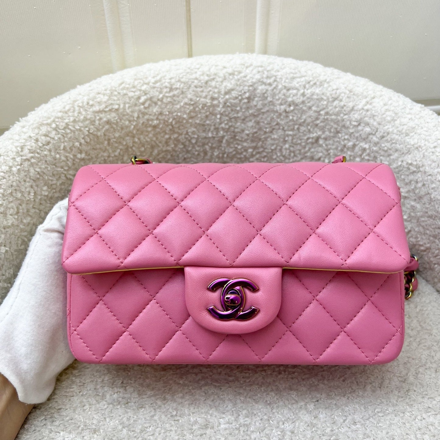 Chanel Classic Mini Rectangle Flap in 21P Pink / Yellow Lambskin and Rainbow HW