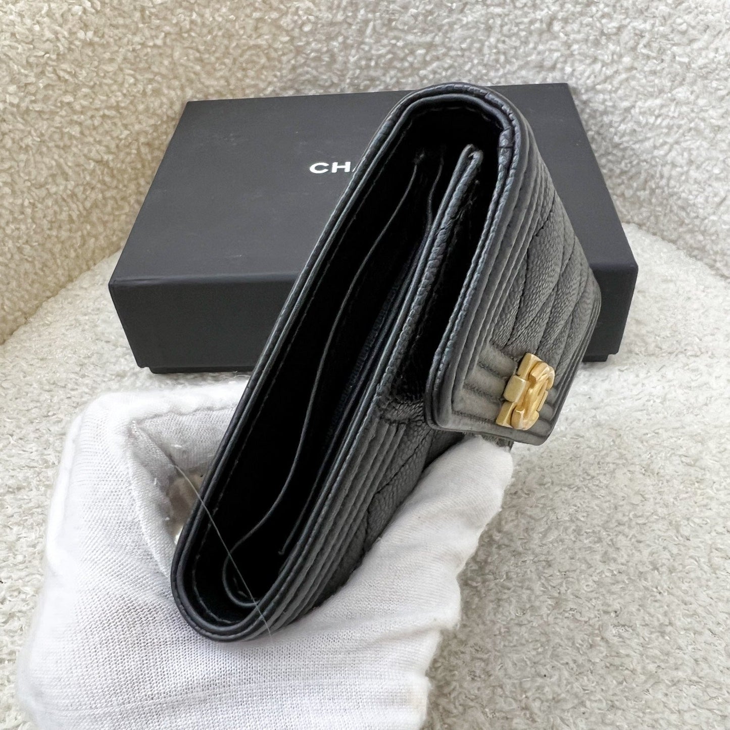Chanel Boy Compact Trifold Wallet In Black Caviar And Aghw Bag