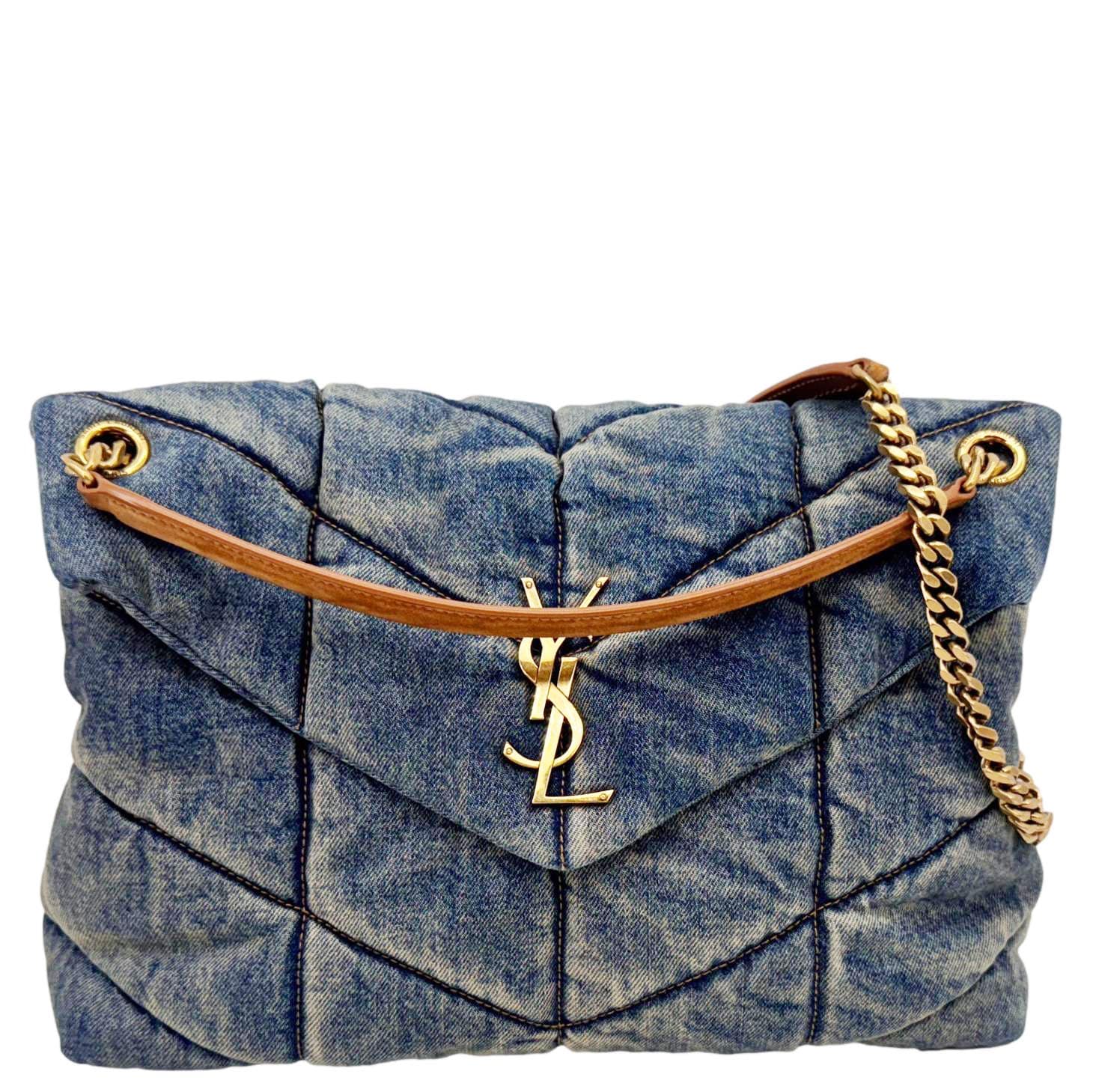 YSL Saint Laurent Yves Loulou Puffer Shoulder Bag Denim Quilted Blue