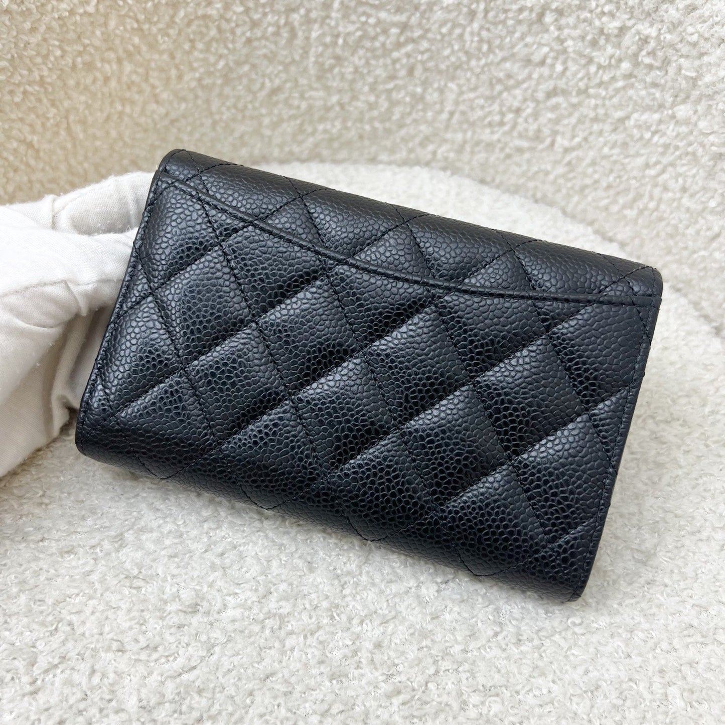 Chanel Classic Medium Trifold Wallet In Black Caviar And Shw