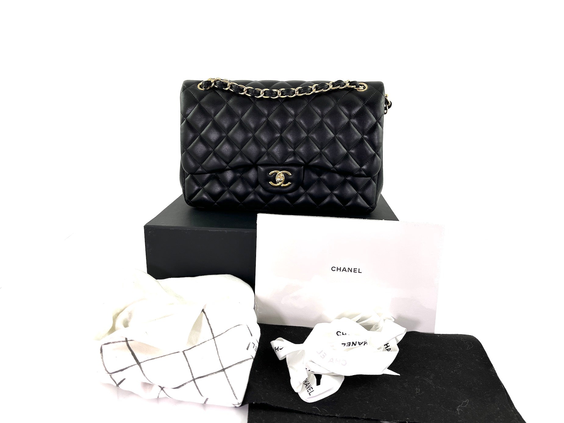 Chanel Black Lambskin Jumbo Quilted Gold Hardware Classic Double Flap Bag